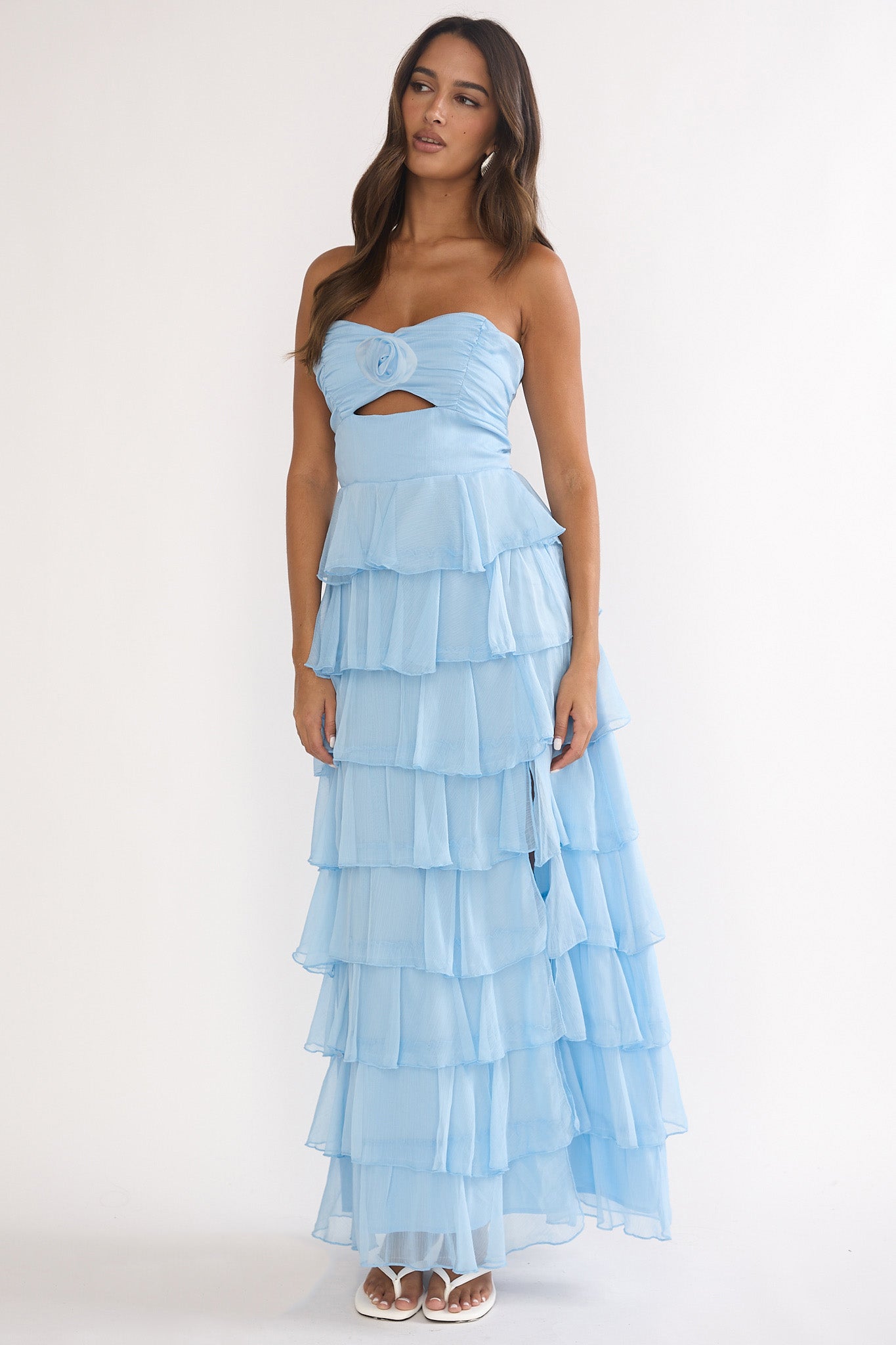 frill layered maxi dress Janelia Blue Hawaiian luau dress