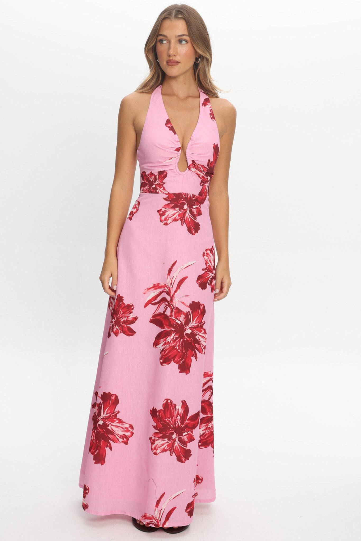 Lioren Plunging Halterneck Maxi Dress Floral Pink - S Lioren Plunging Halterneck Maxi Dress Floral Pink - S