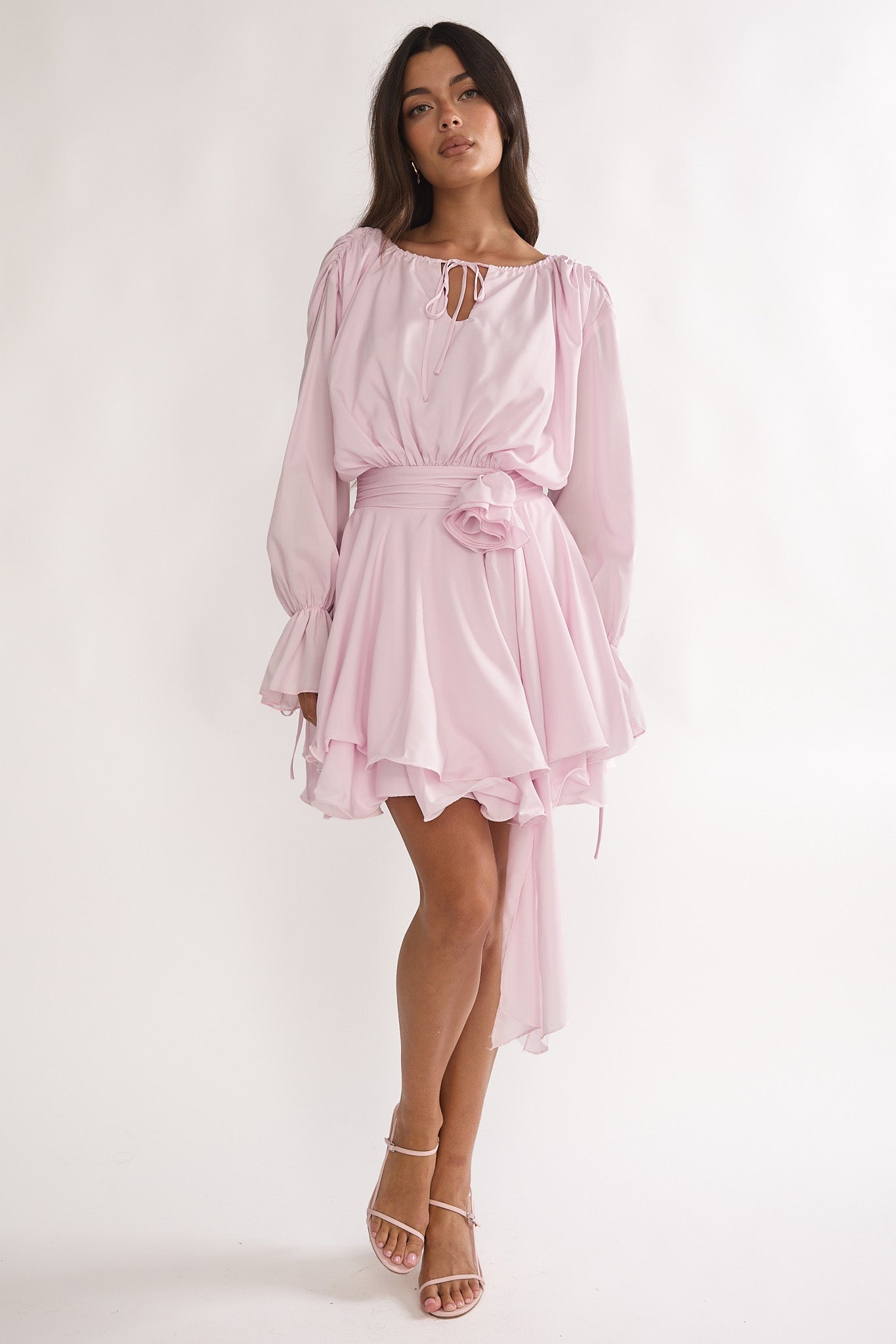 light pink long sleeve dress Maeva Long Balloon Sleeve Rosette Mini Dress Baby Pink