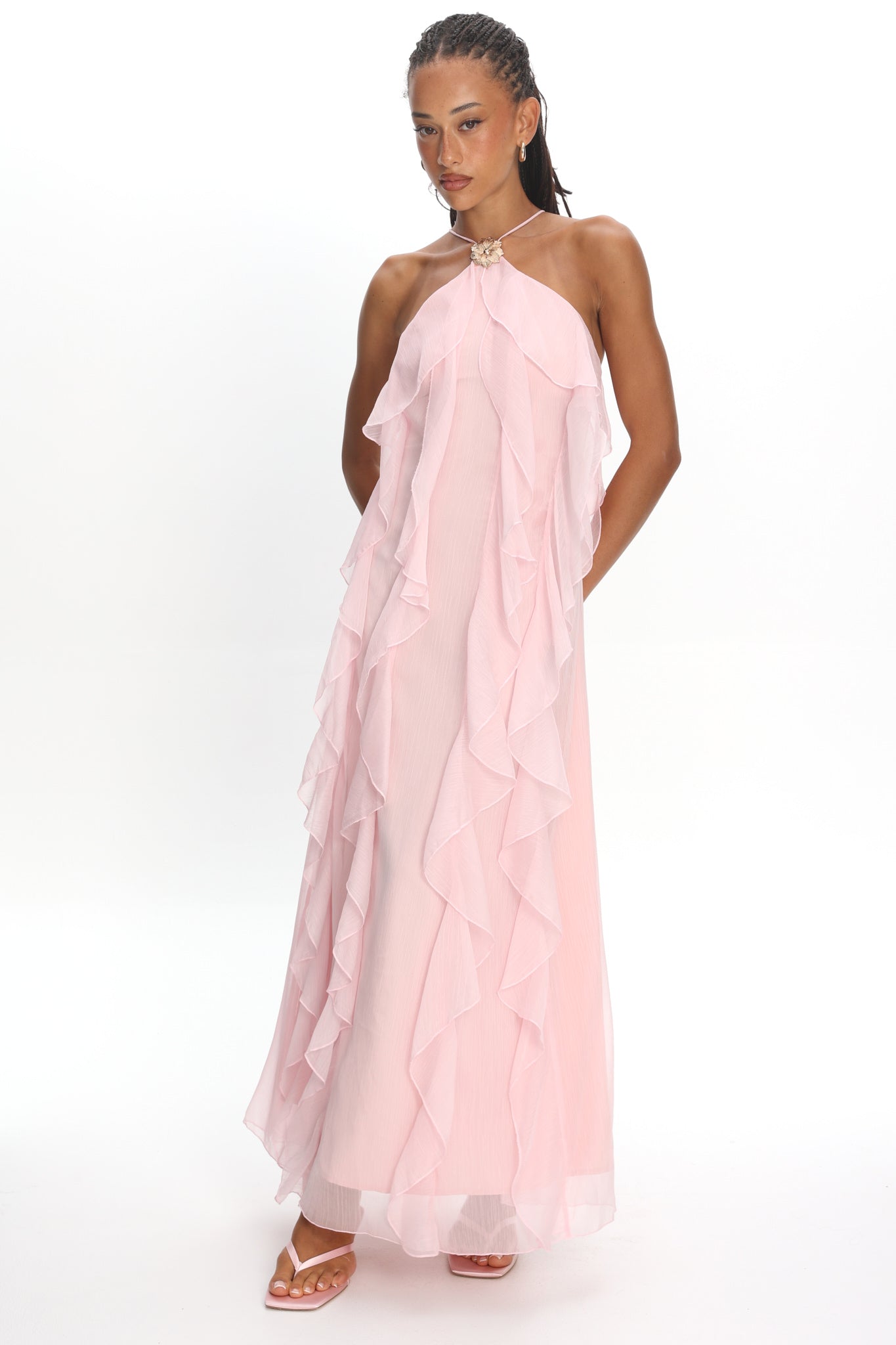 halter neck ruffle maxi dress Cici Halterneck Ruffle Maxi Dress Pink