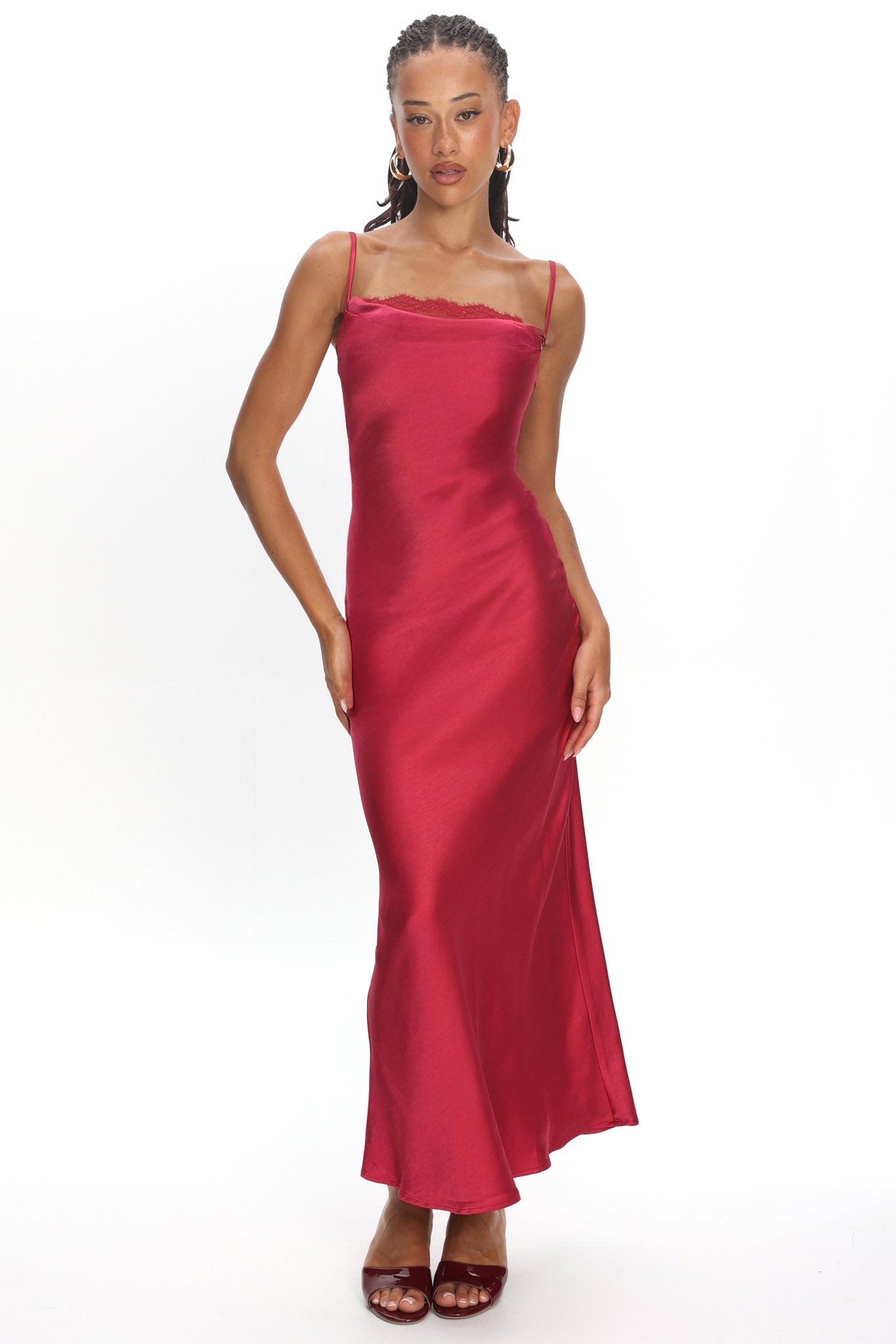 satin lace bust dress in red Red Stretch Satin Long Dress With Beaded Lace Appliqu And Open Back |