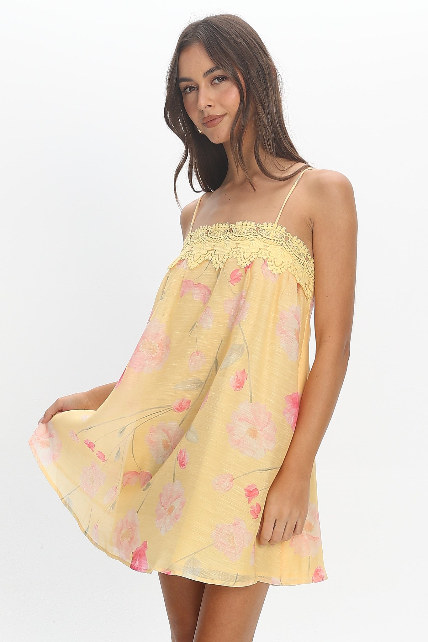 baby yellow mini dress Believer Lace Neckline 100% polyester Size:33 Slip Shorts for Under Structure: Structured corset bodice with exposed waist cutouts