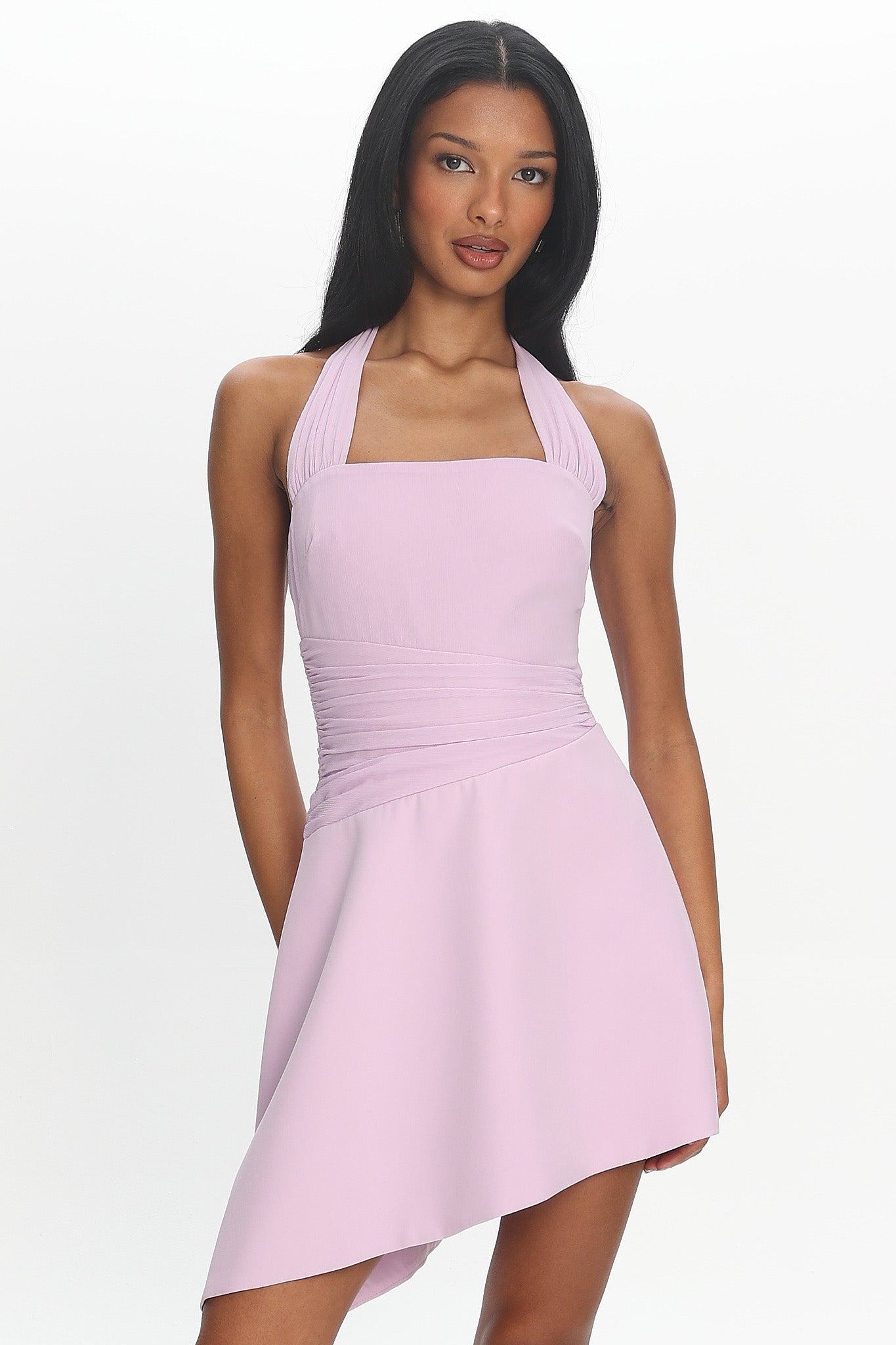 asymmetrical halter mini dress Painted Kisses Asymmetric Lilac 2000s fashion: a maximalist length_Long Size:12XL Model measurements