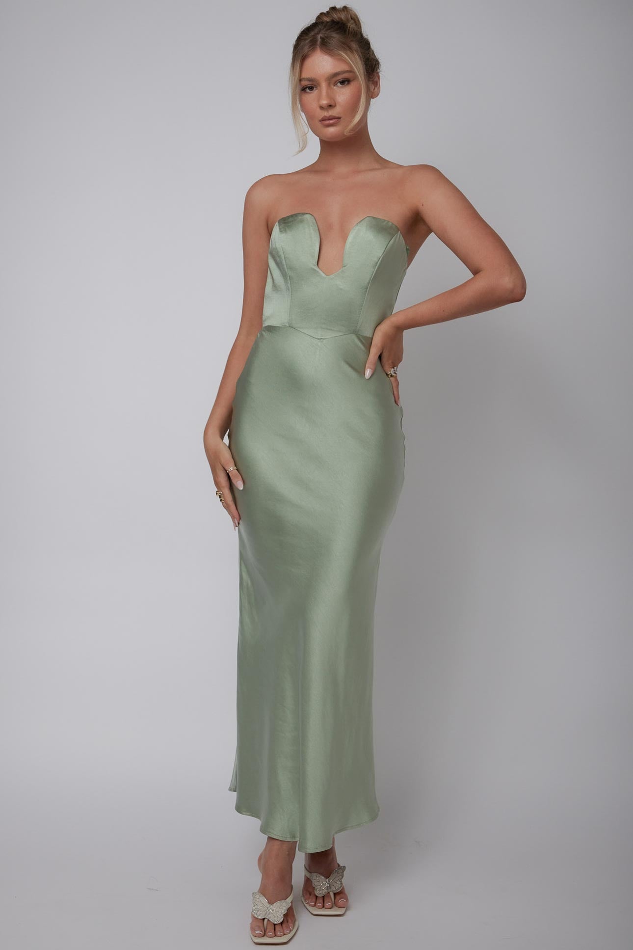 chinese dress ladies Encore Strapless Satin Maxi Dress Olive