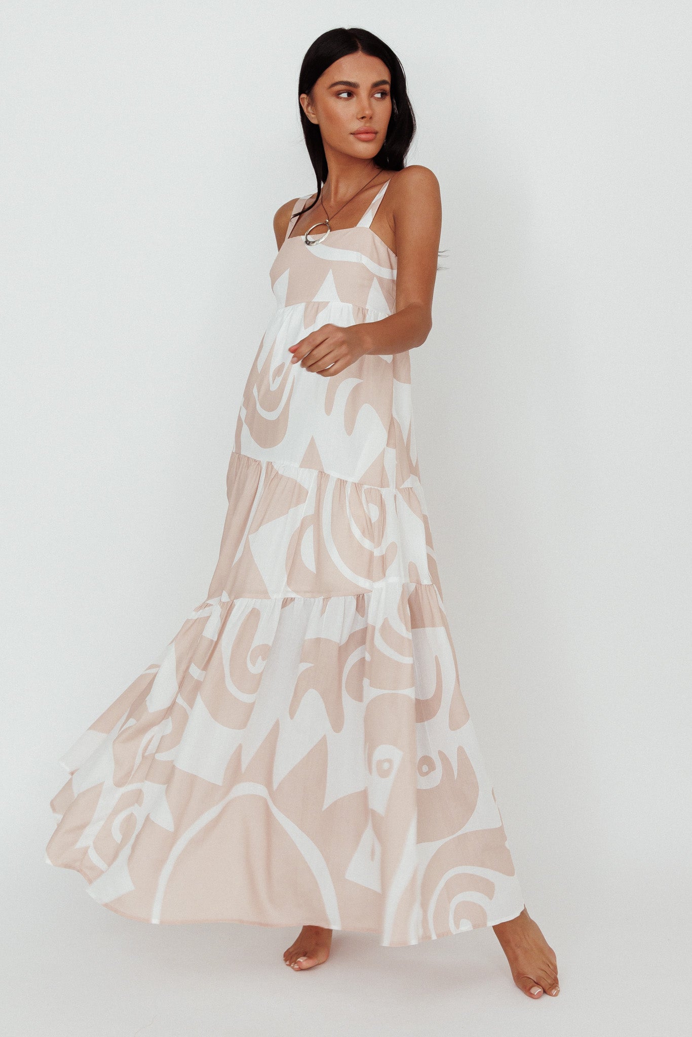 Indianna Square Neckline Maxi Dress Printed Sand/White– Selfie Leslie