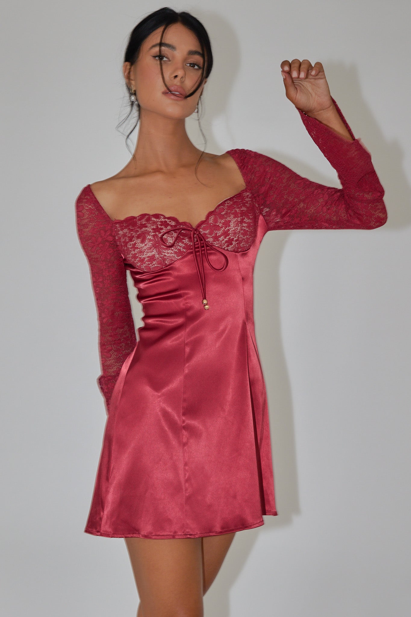 Ti Amo Lace Bust Long Sleeve Mini Dress Wine - L Ti Amo Lace Bust Long Sleeve Mini Dress Wine - L