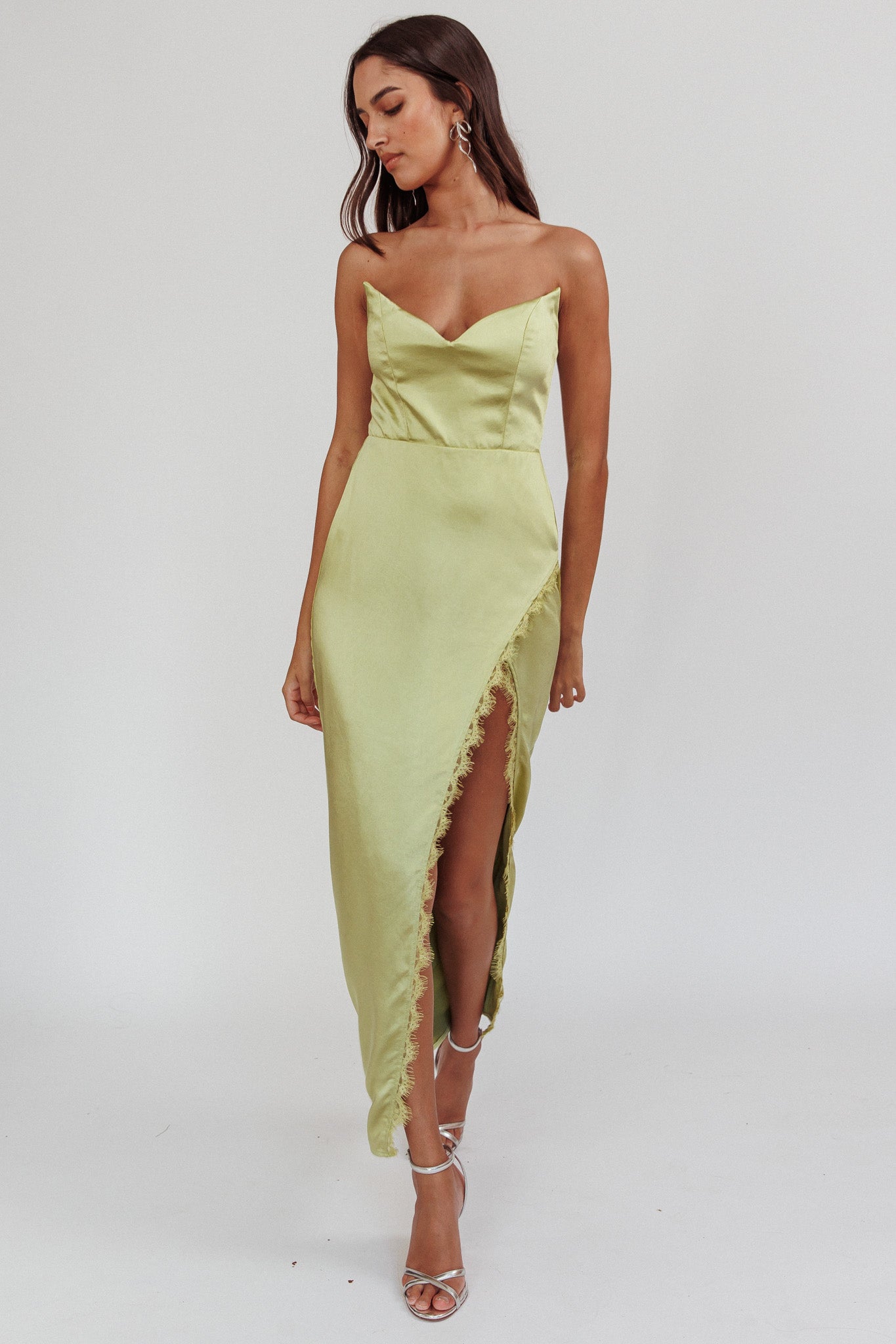 Winter Moon Strapless Lace Trim Midi Dress Sage - S Winter Moon Strapless Lace Trim Midi Dress Sage - S