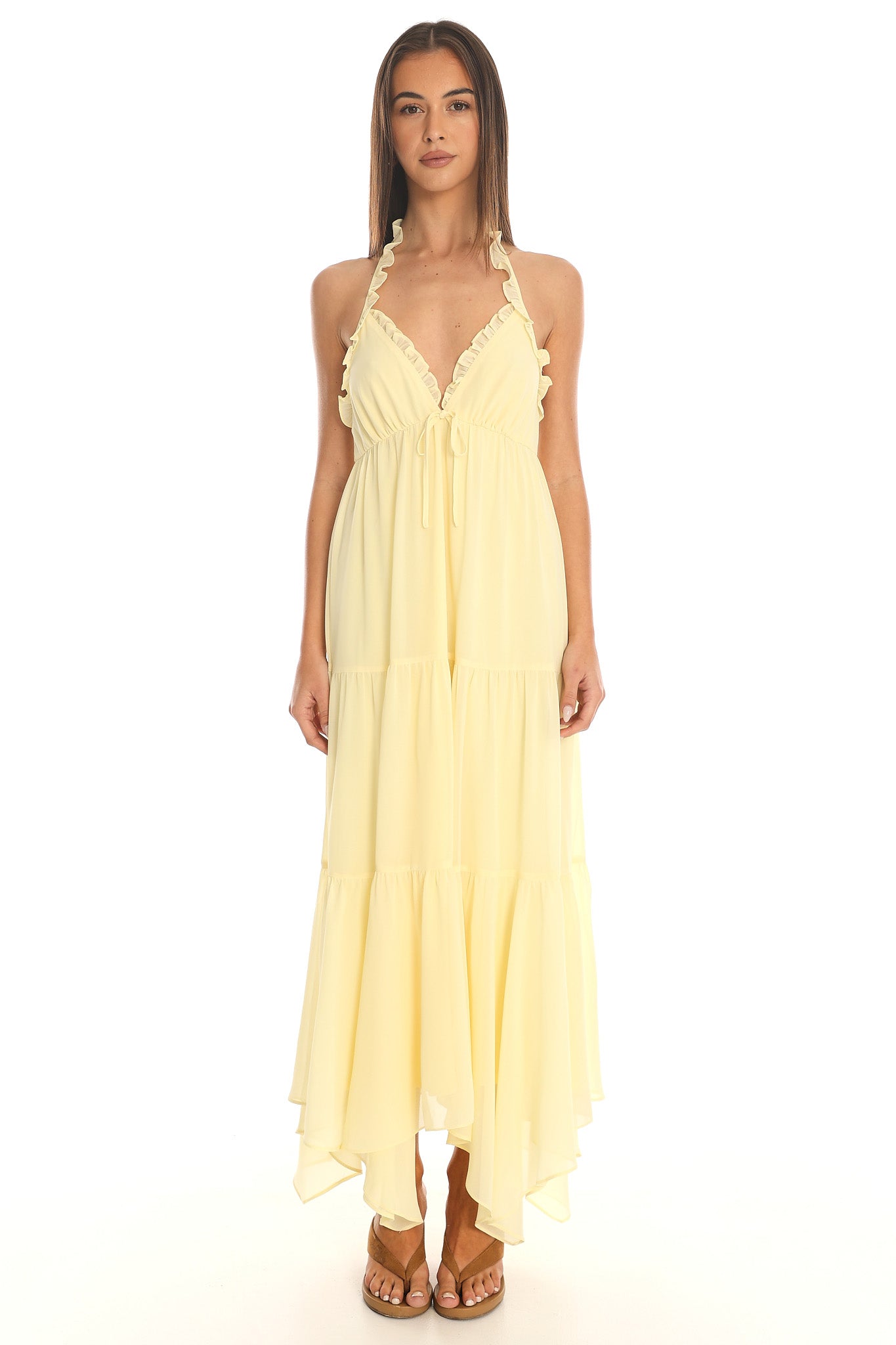 Island Escape Ruffled Halter Dress Butter Yellow