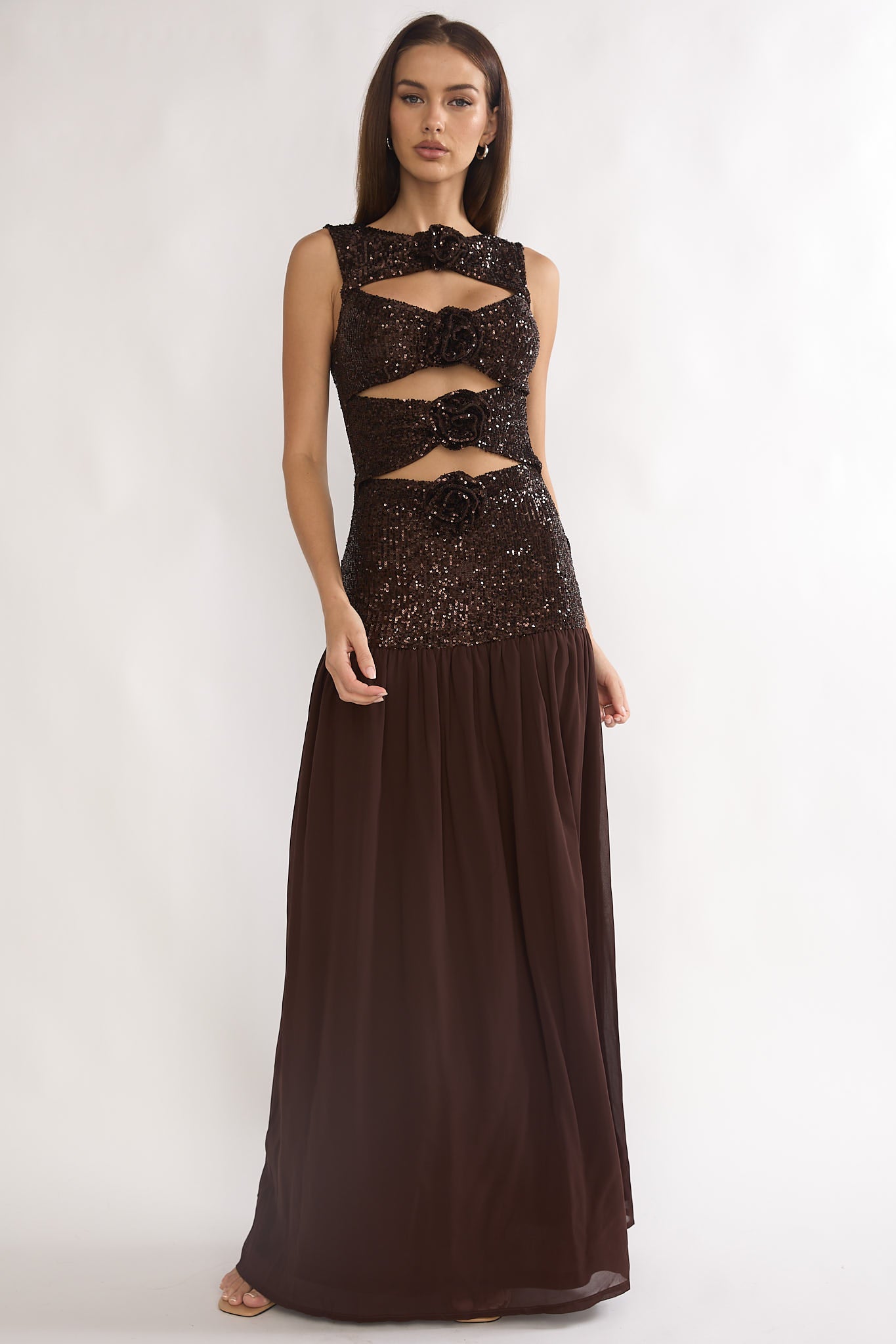 slim fit dress slacks Dioris Rosette Cut-Out Sequin Maxi Dress Sequin Choco