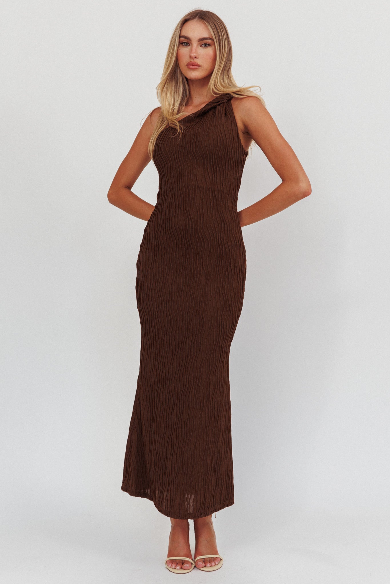 Lingering Love One-Shoulder Twist Maxi Dress Chocolate - XL Lingering Love One-Shoulder Twist Maxi Dress Chocolate - XL