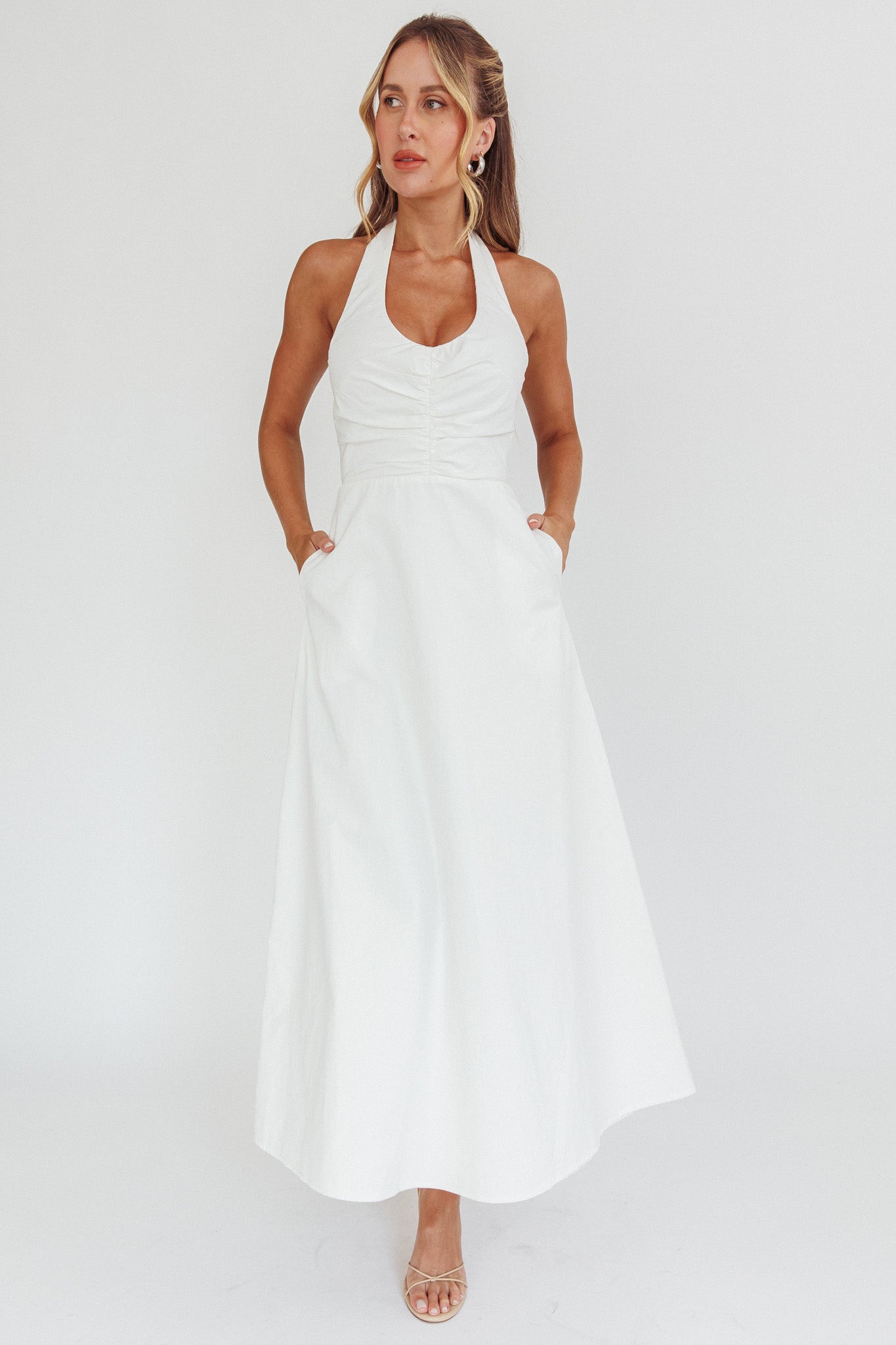 slim fit dress slacks Can't Compete A-Line Halter Maxi Dress White
