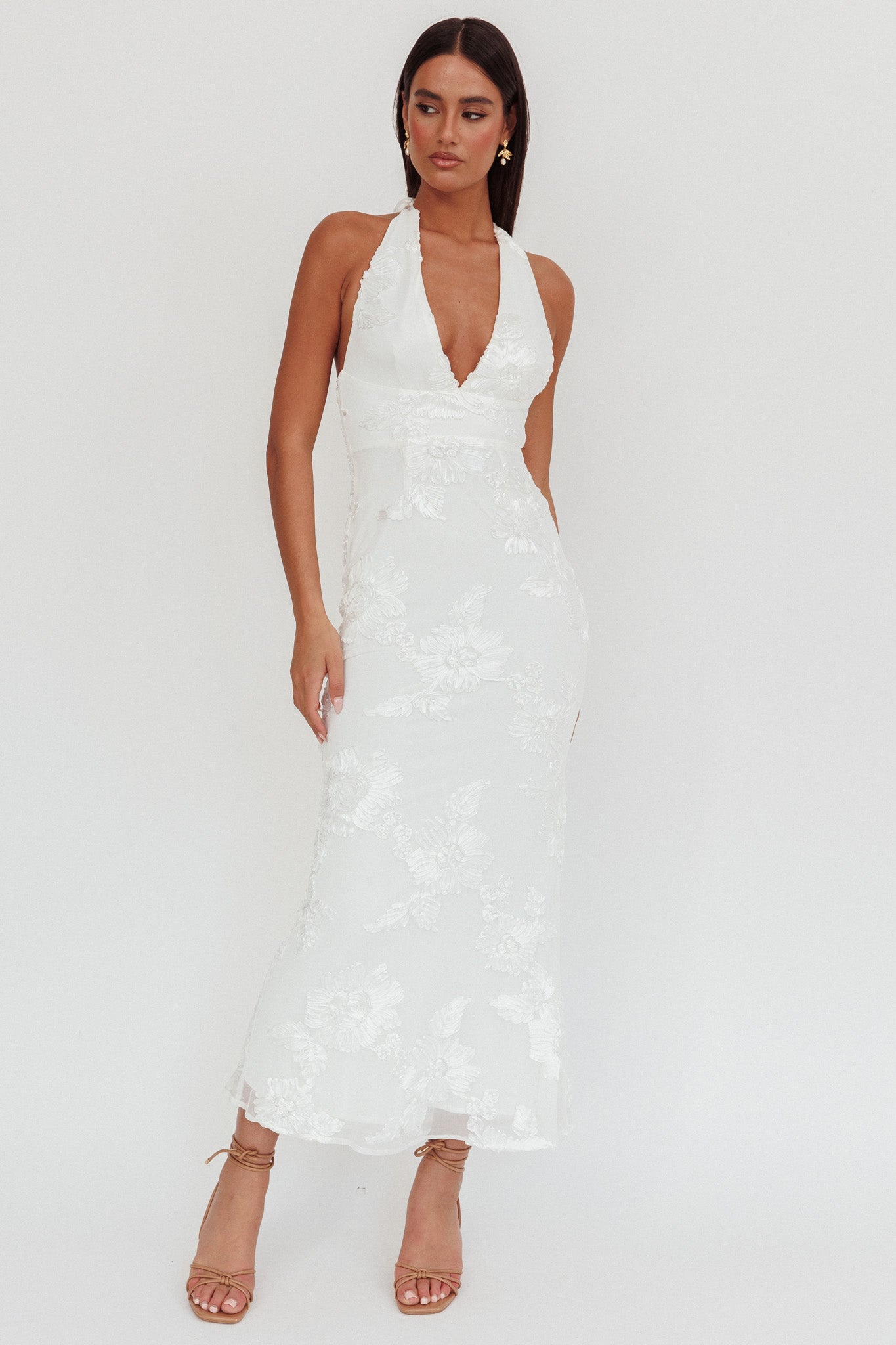 Cipriana Backless Halter Maxi Dress Embellished Floral White XL