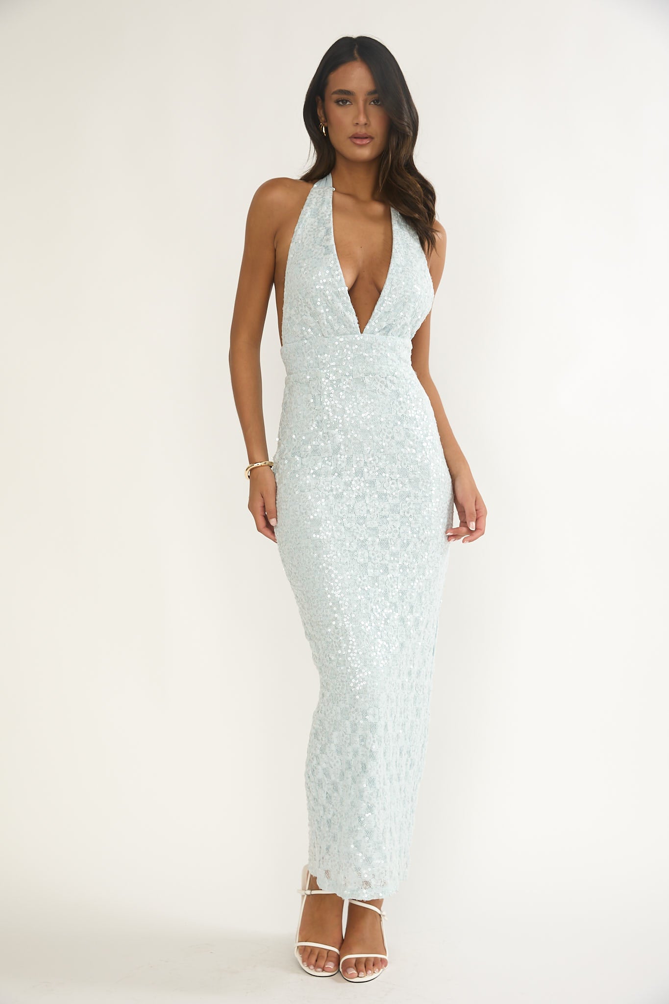 Cipriana Backless Halter Maxi Dress Sequin Blue - M Cipriana Backless Halter Maxi Dress Sequin Blue - M