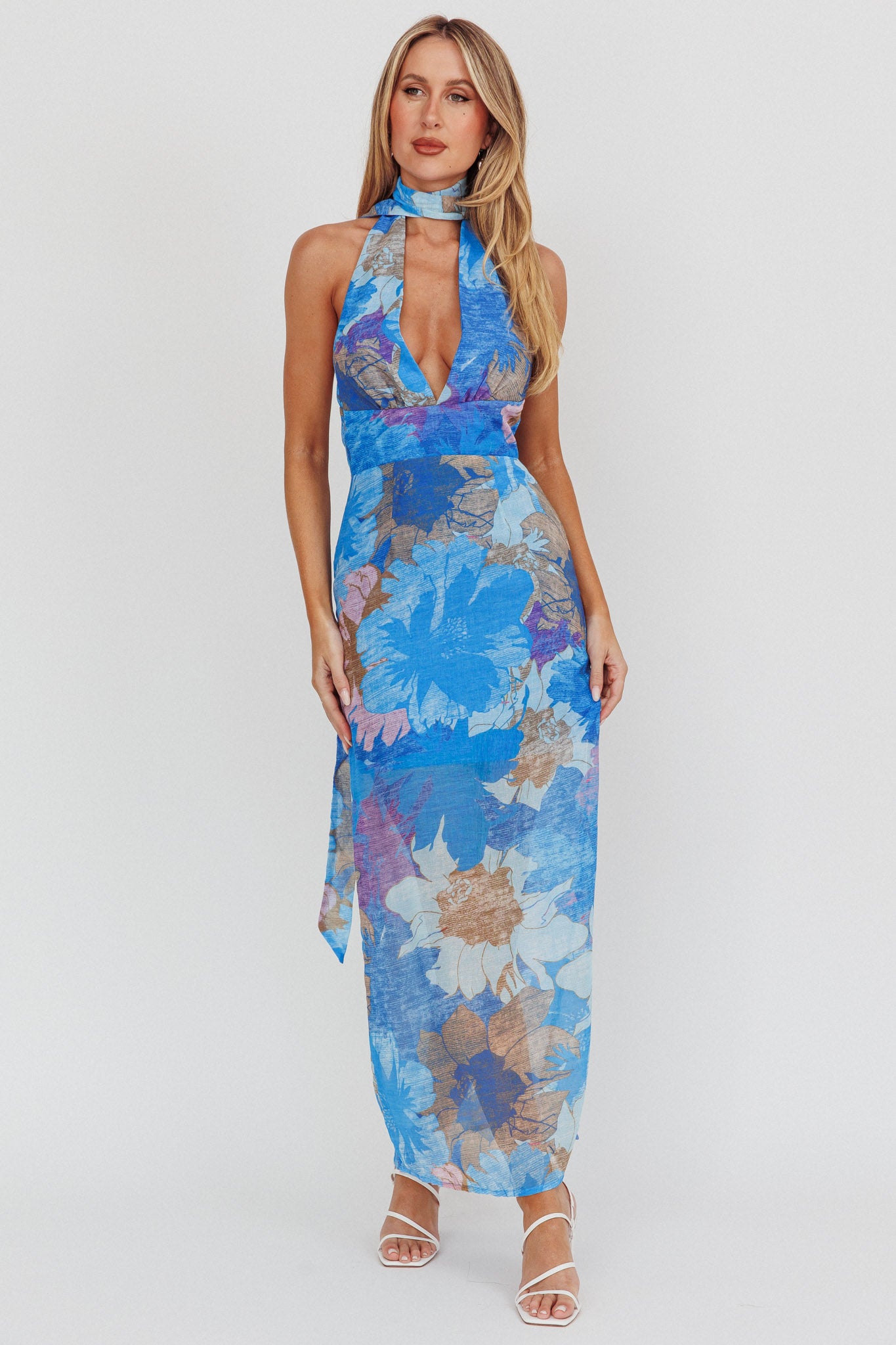Cipriana Backless Halter Maxi Dress Floral Blue | Selfie Leslie Cipriana Backless Halter Maxi Dress Floral Blue | Selfie Leslie