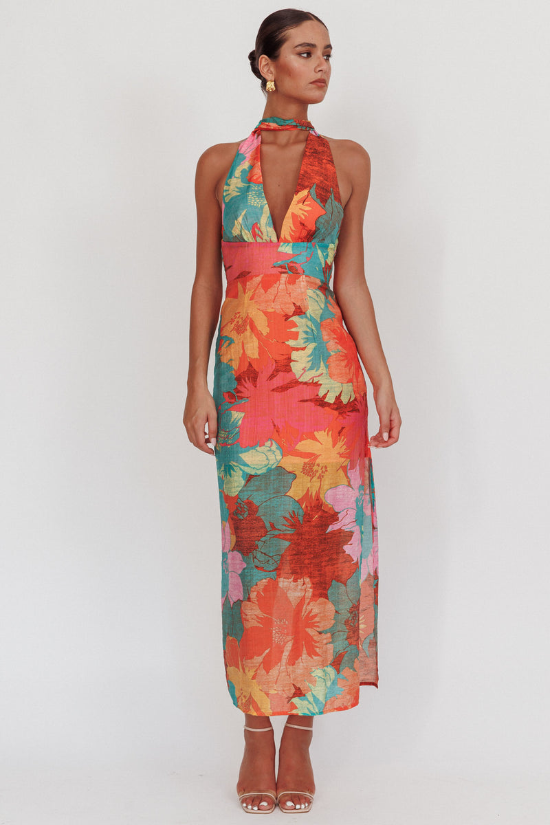 Cipriana Backless Halter Maxi Dress Embellished Floral White