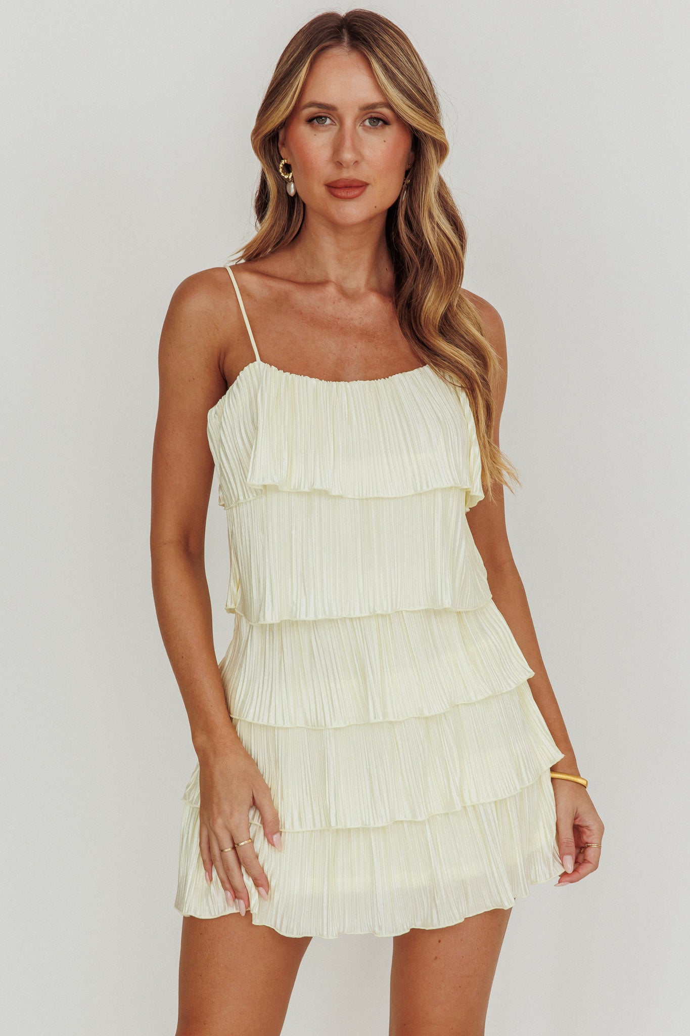 My Type Plisse Tiered Mini Dress Ivory Selfie Leslie My Type Plisse Tiered Mini Dress Ivory Selfie Leslie