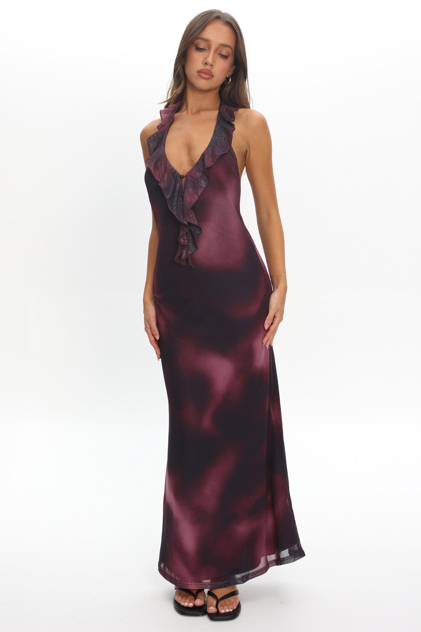 selfie leslie brown dress Live Loud Ruffle Halterneck Maxi Print transseasonal up heels Why this woman had Dress length type:Midi Length