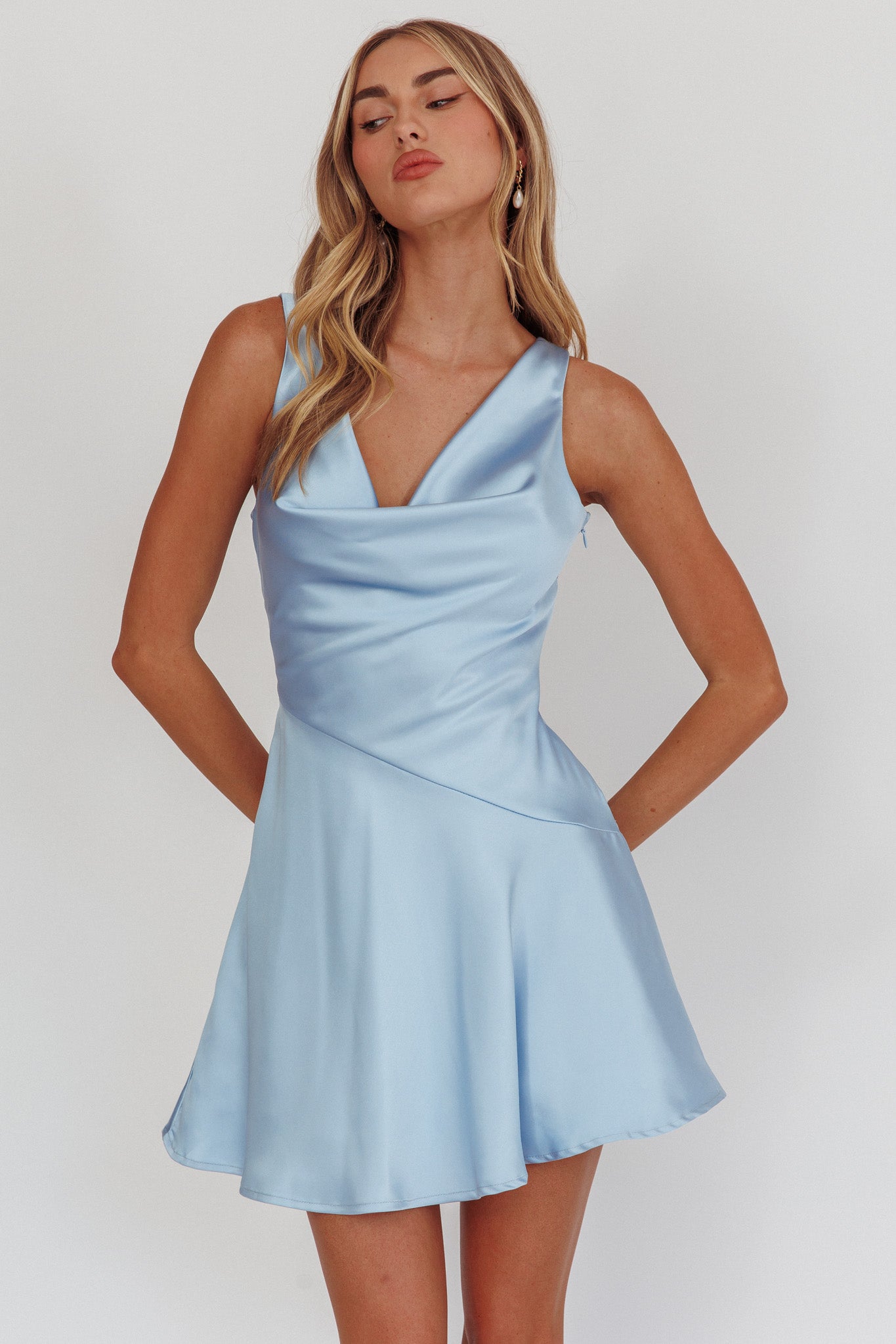 Brigid Cowl Neck Scoop Back Mini Dress Blue Brigid Cowl Neck Scoop Back Mini Dress Blue