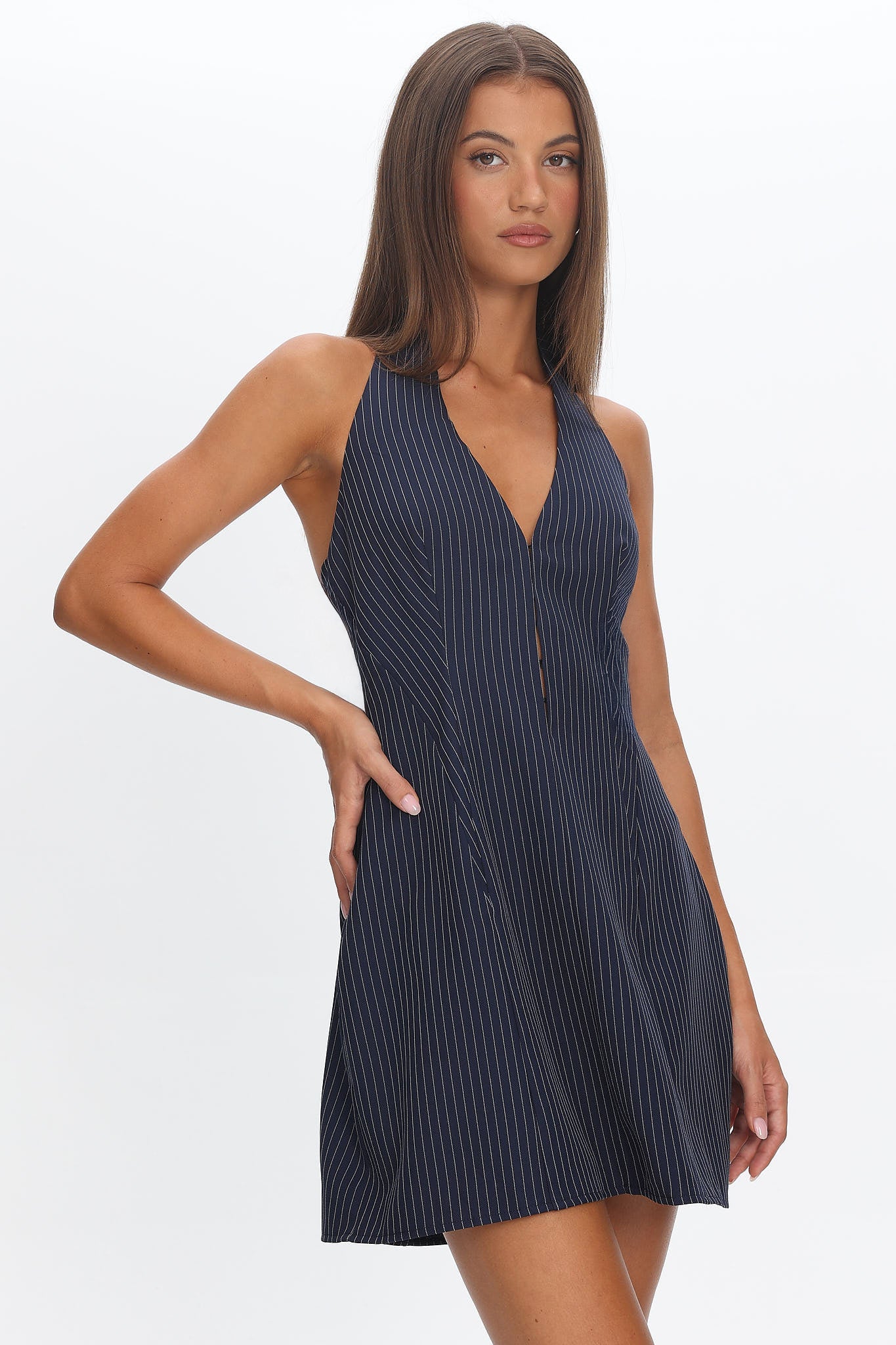 Elisabet Halter Neck Mini Dress Pinstripe Navy - XS Elisabet Halter Neck Mini Dress Pinstripe Navy - XS