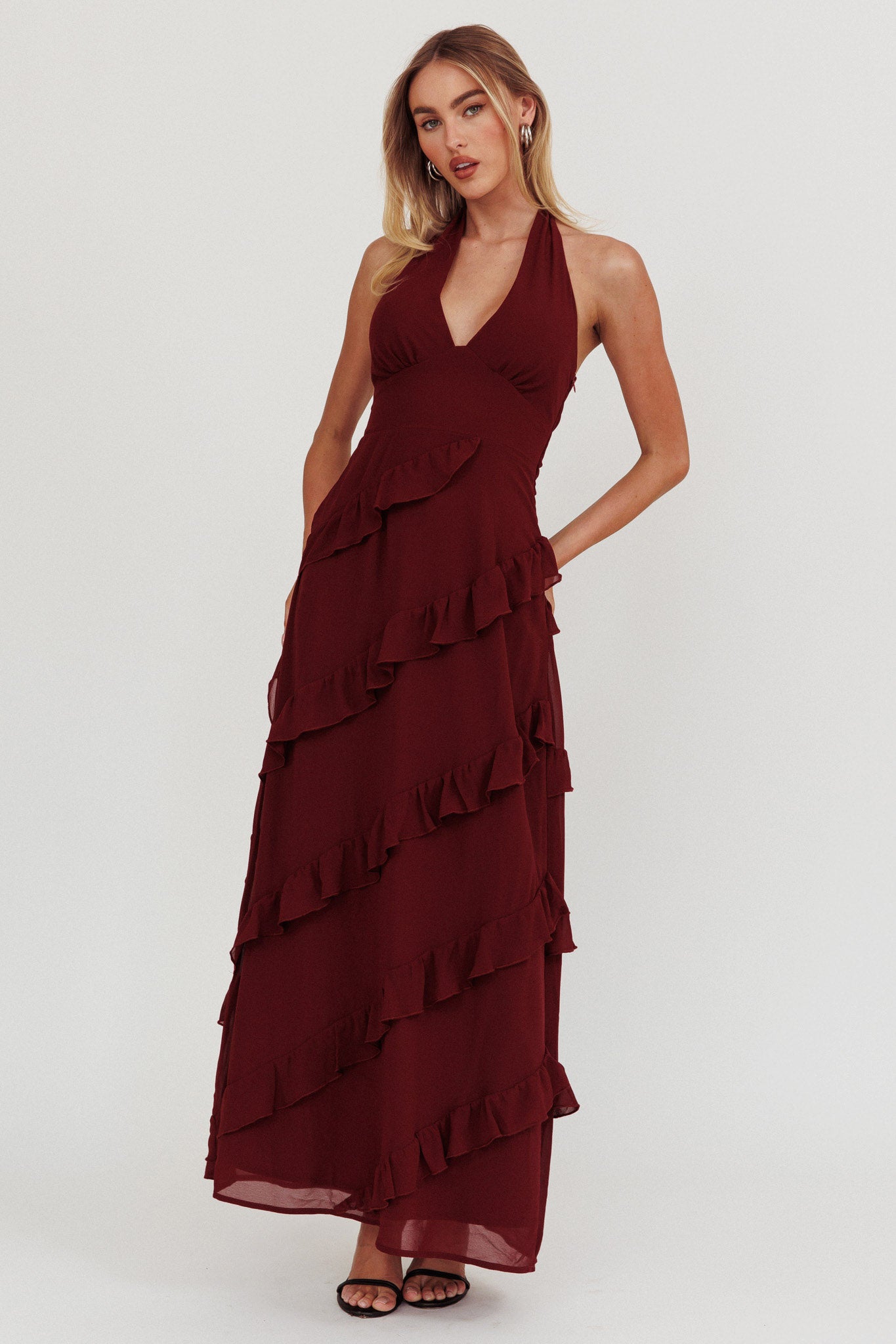 Shop the Flirt Frill Trim Halter Maxi Dress Wine