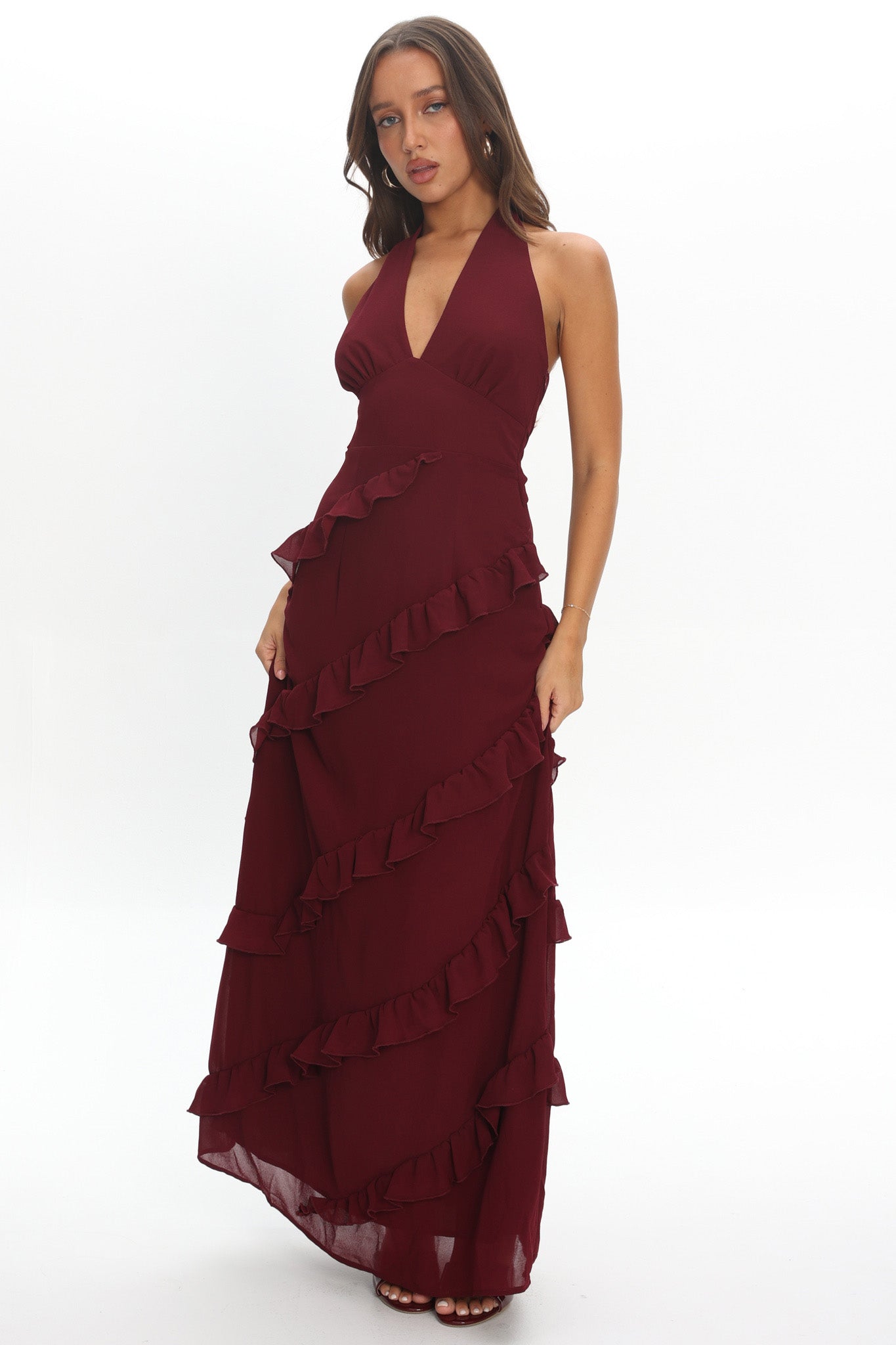 Flirt Frill Trim Halter Maxi Dress Wine - XL Flirt Frill Trim Halter Maxi Dress Wine - XL
