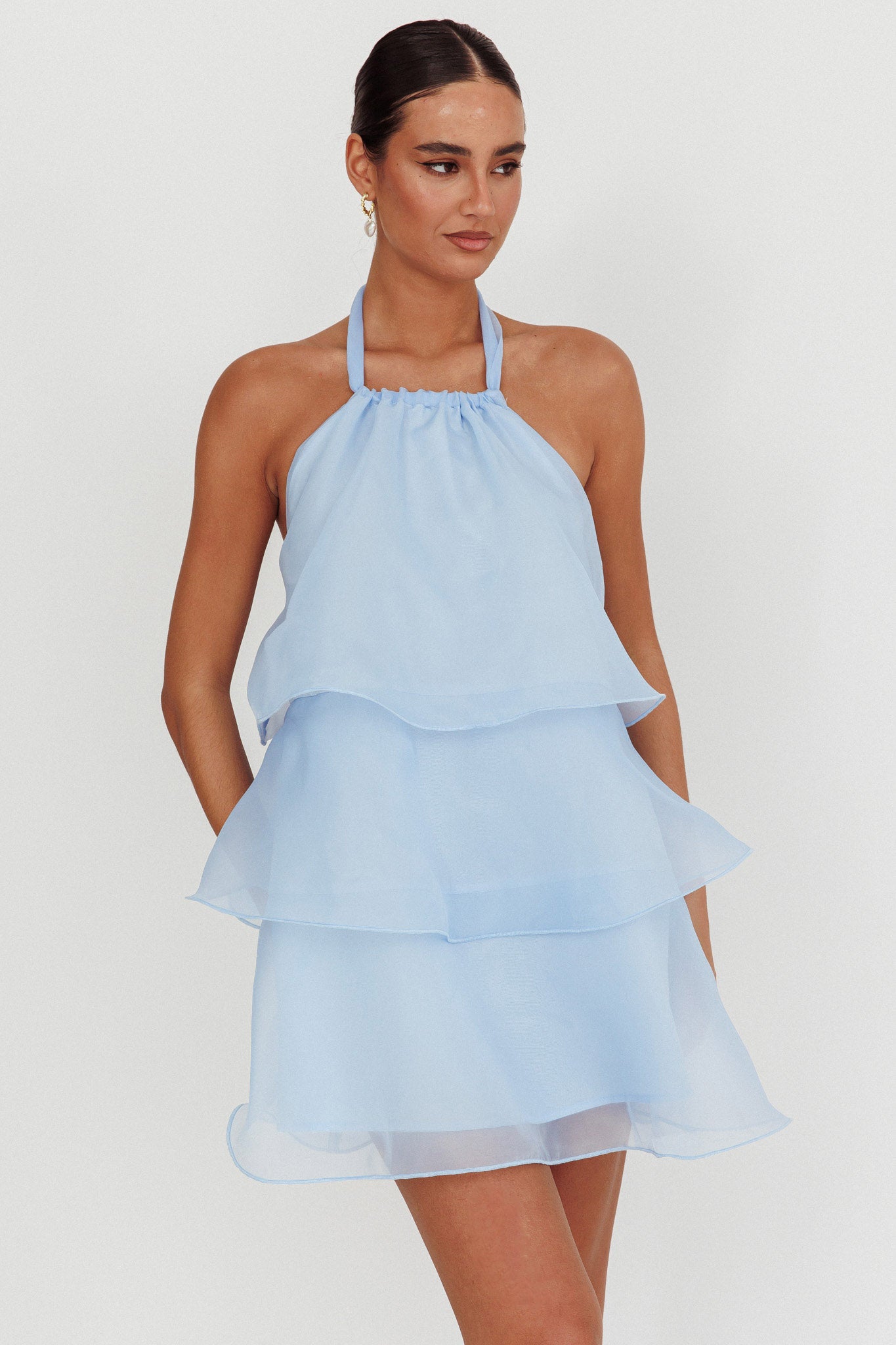 Tulips Tiered Halterneck Mini Dress Baby Blue - L Tulips Tiered Halterneck Mini Dress Baby Blue - L