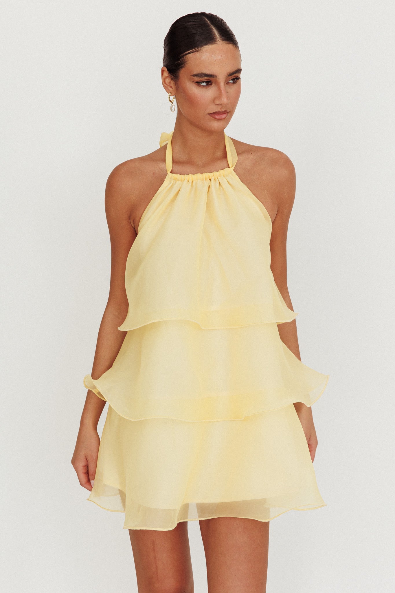 Tulips Tiered Halterneck Mini Dress Lemon Tulips Tiered Halterneck Mini Dress Lemon