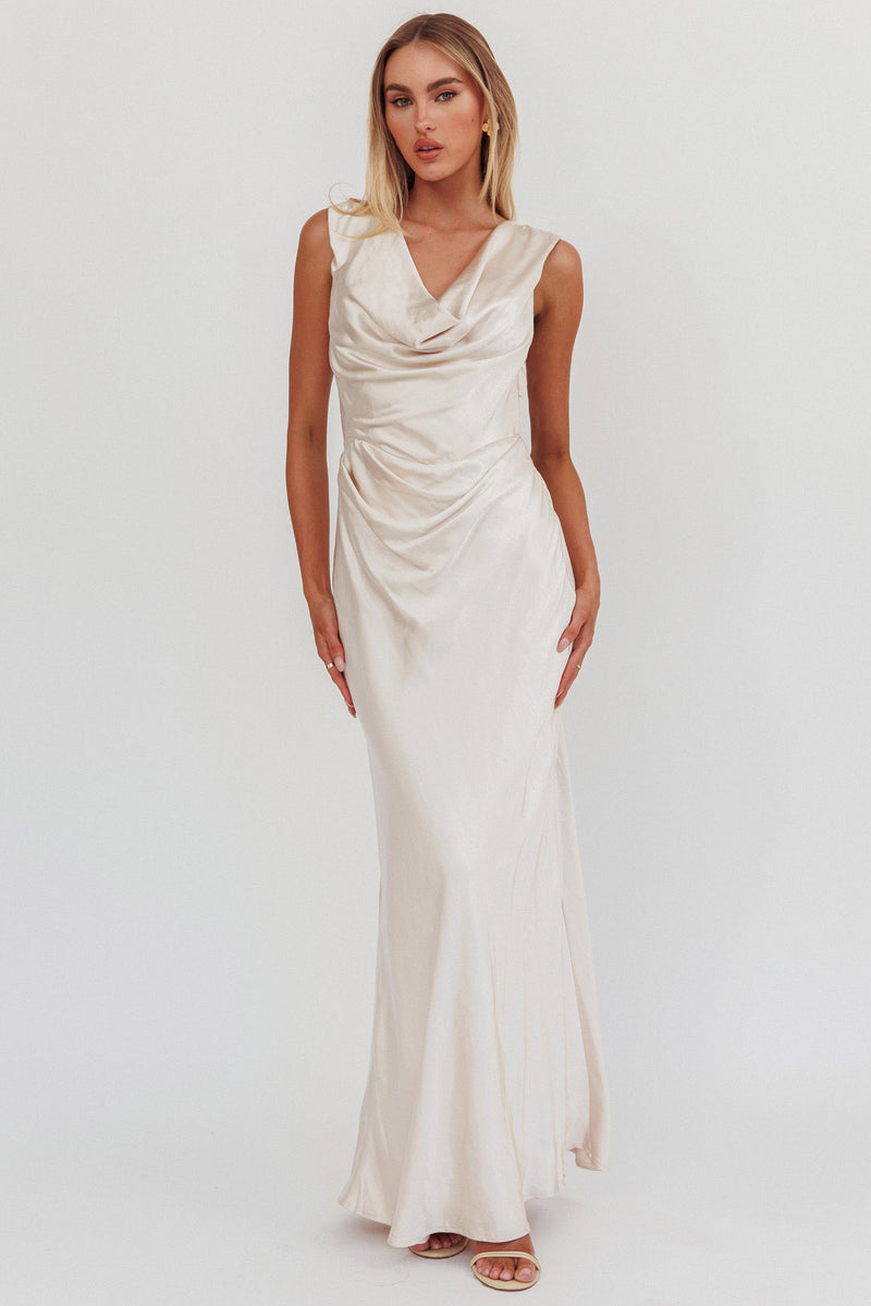 A-line Cowl Neck Satin Dress with Slit Champagne Plus Size