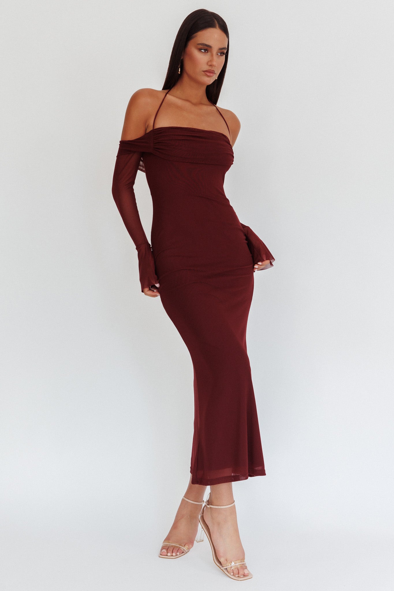 halter off the shoulder dress Numbers Game Off-Shoulder Maxi Chocolate Shoe size:9.5 Best Dress To Impress style_id_180233 Chiffon Shell