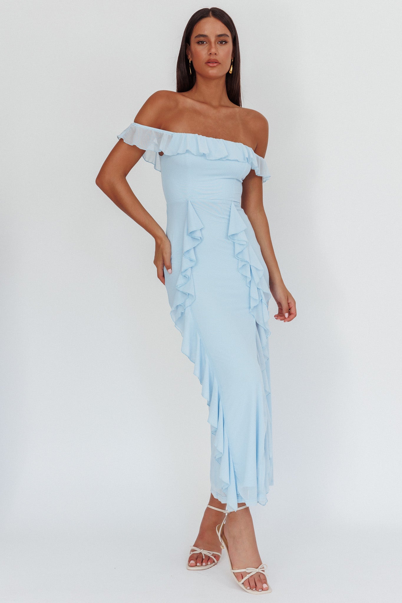 Flamenco Off-Shoulder Ruffle Maxi Dress Blue - L Flamenco Off-Shoulder Ruffle Maxi Dress Blue - L
