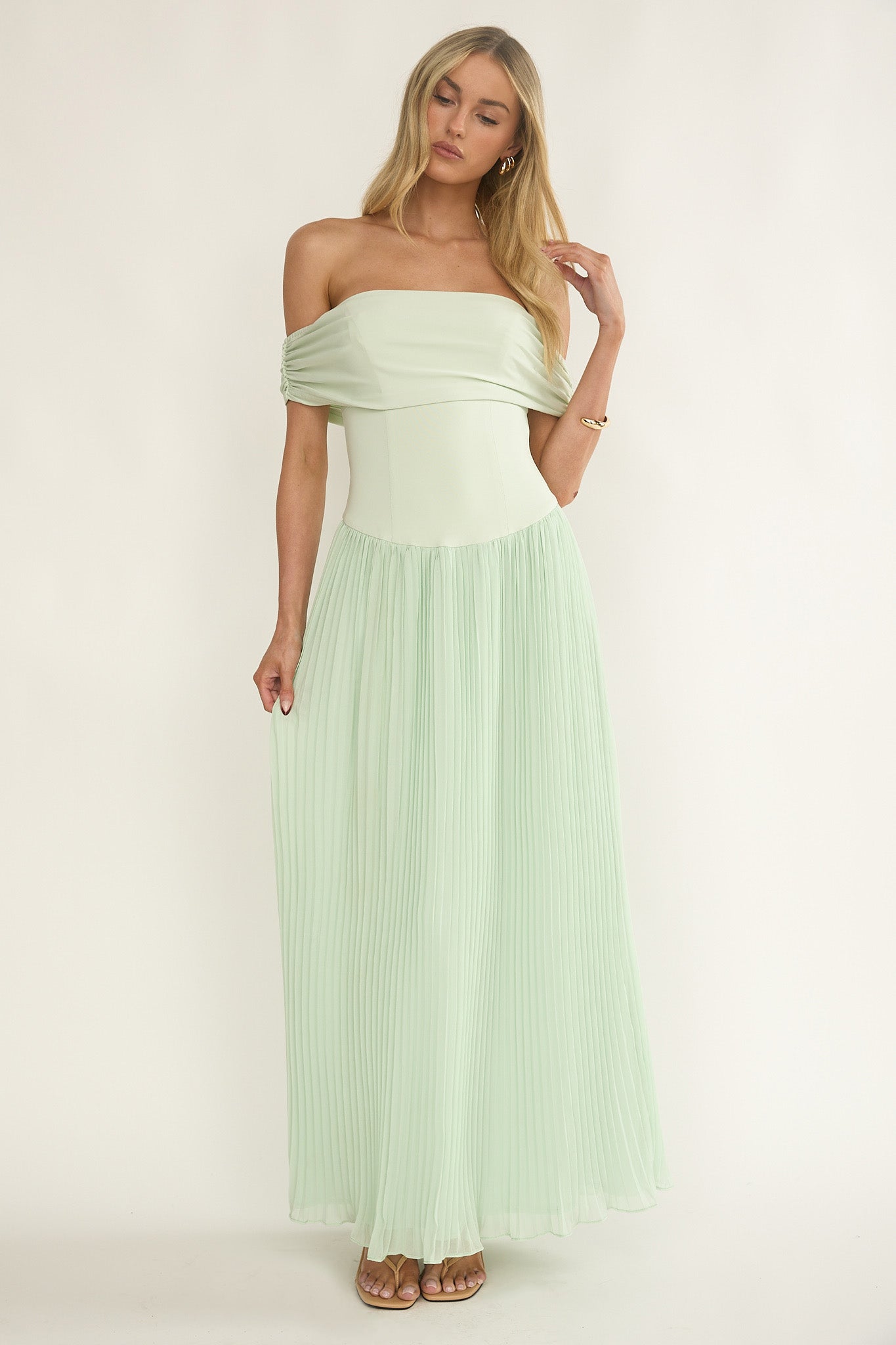 Flutters Off-Shoulder Accordion Pleat Dress Sage– Selfie Leslie