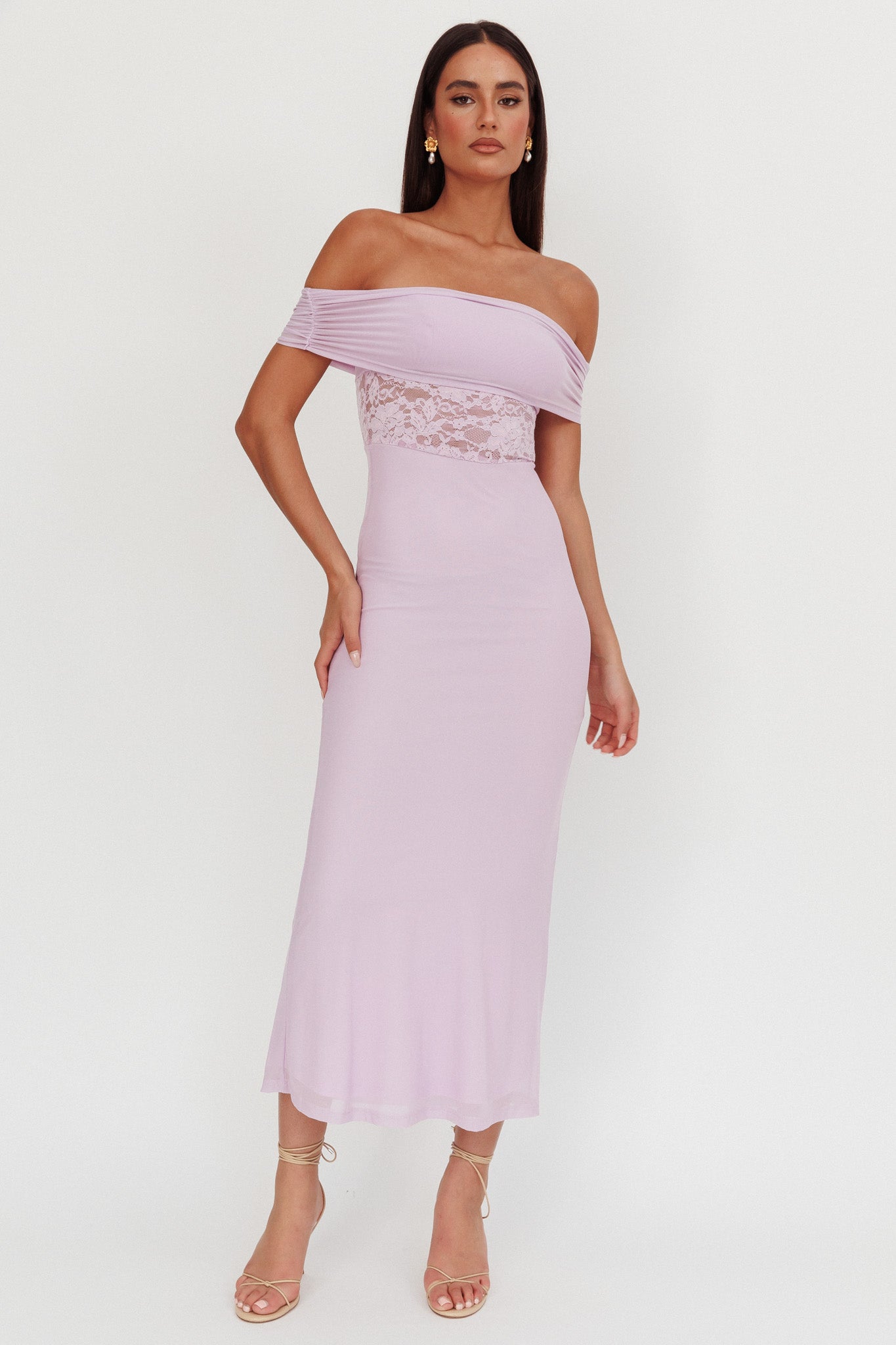 Flutters Off-Shoulder Lace Insert Maxi Dress Lilac Flutters Off-Shoulder Lace Insert Maxi Dress Lilac