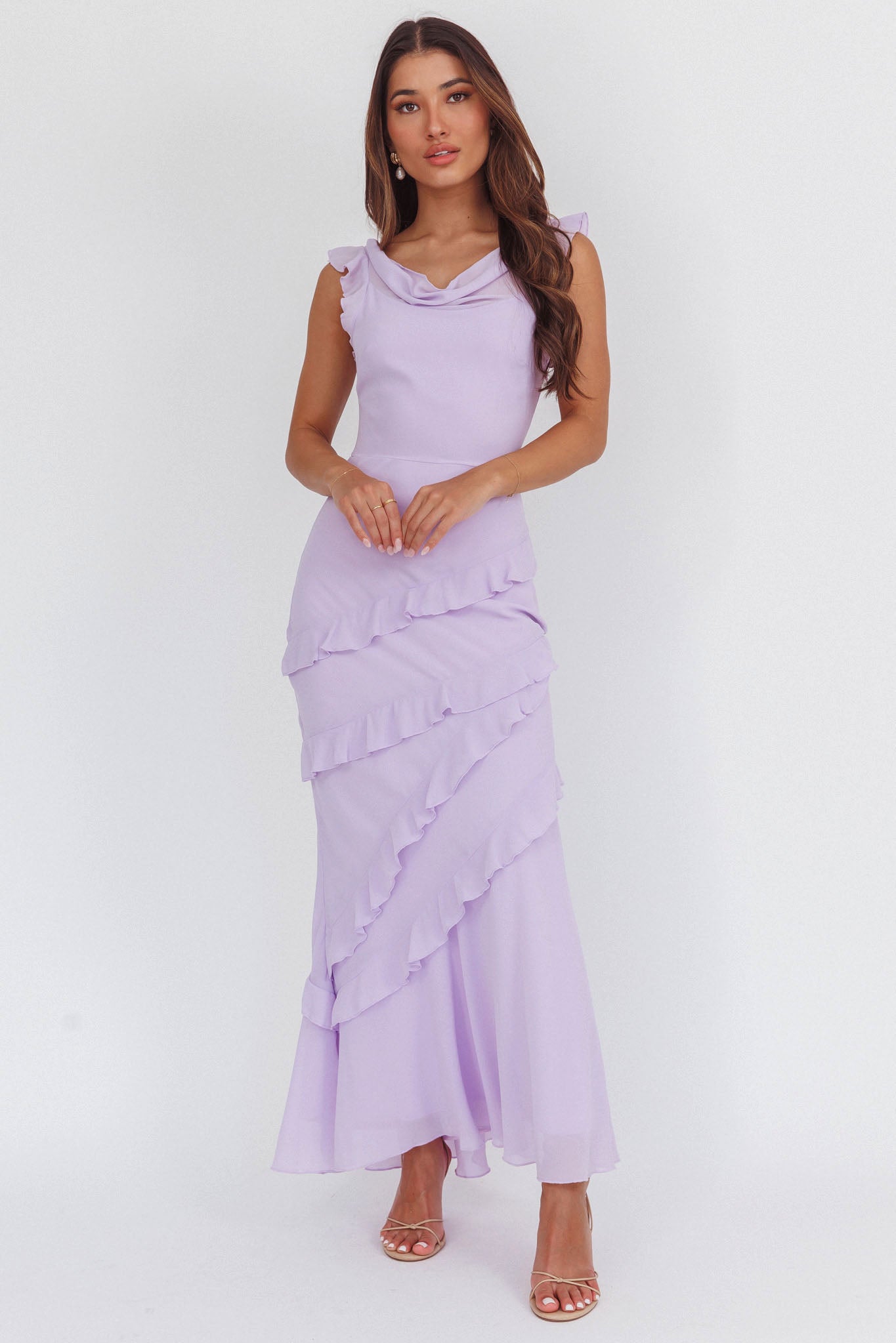 cowl ruffle maxi dress Sangria Cowl Neck Frill Maxi Dress Lilac