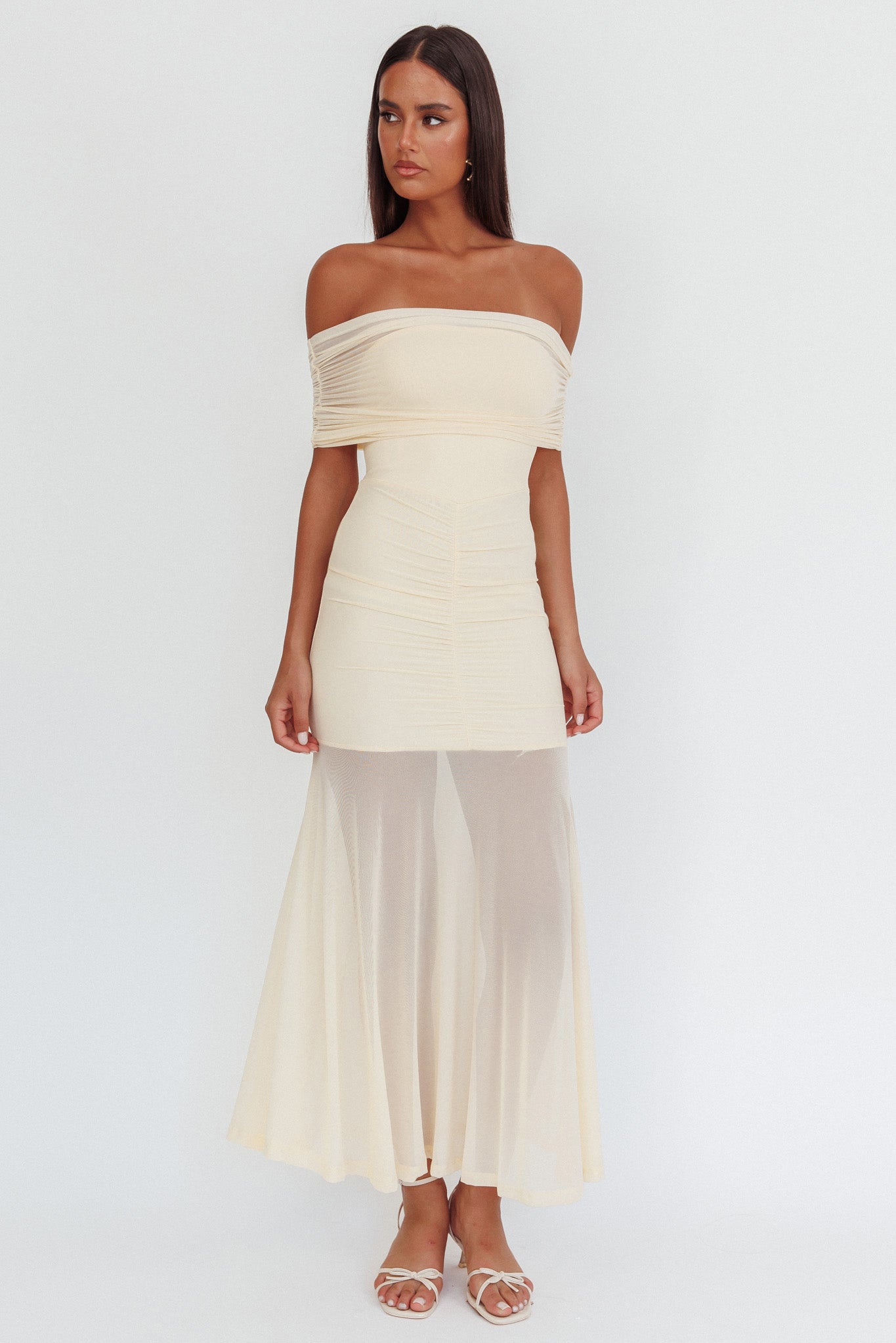 Clarita Sheer Ruched Maxi Dress Cream Clarita Sheer Ruched Maxi Dress Cream