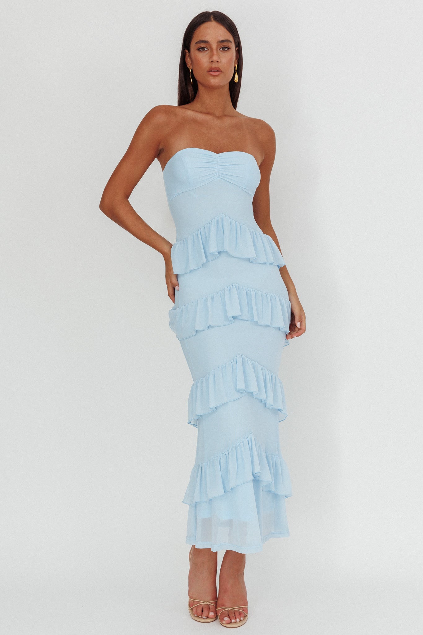 Dulce Dreams Sweetheart Neckline Frill Maxi Dress Blue - S Dulce Dreams Sweetheart Neckline Frill Maxi Dress Blue - S
