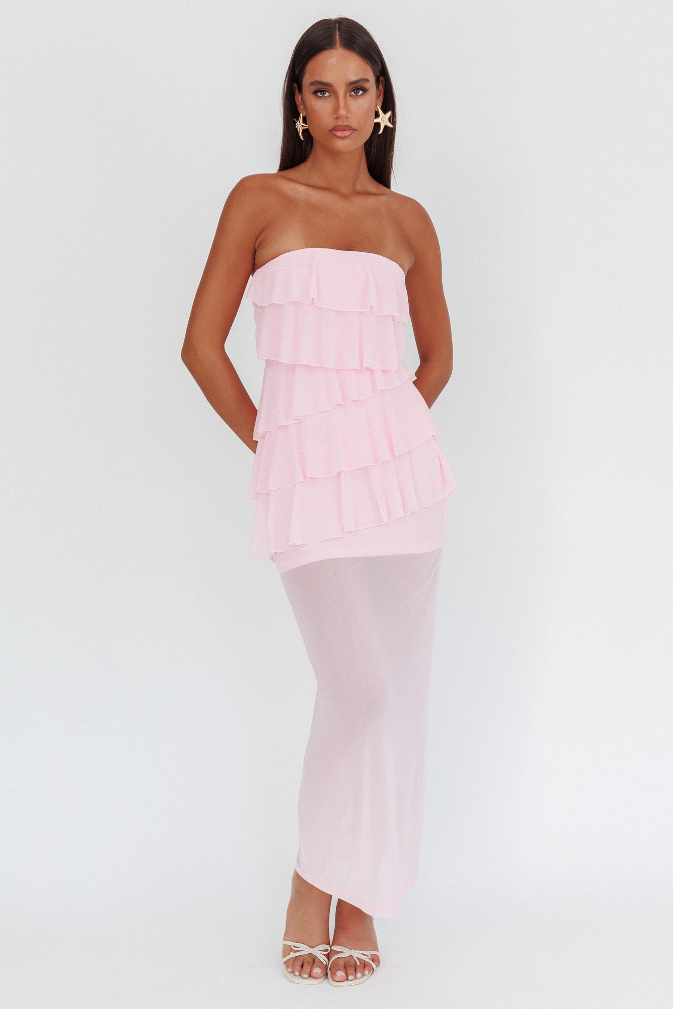 open lace back dress Crewe Strapless Ruffle Maxi Dress Pink