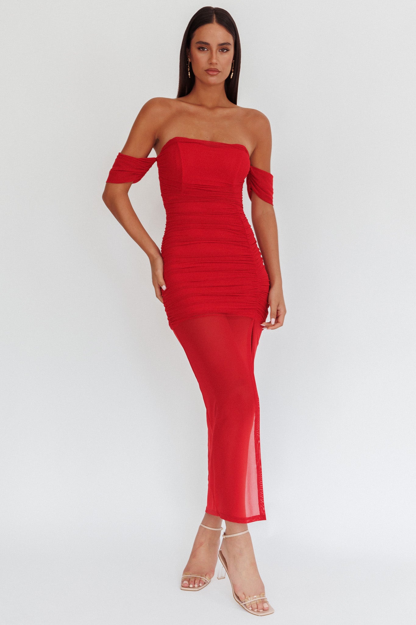 Melonie Off-Shoulder Mesh Maxi Dress Red Melonie Off-Shoulder Mesh Maxi Dress Red