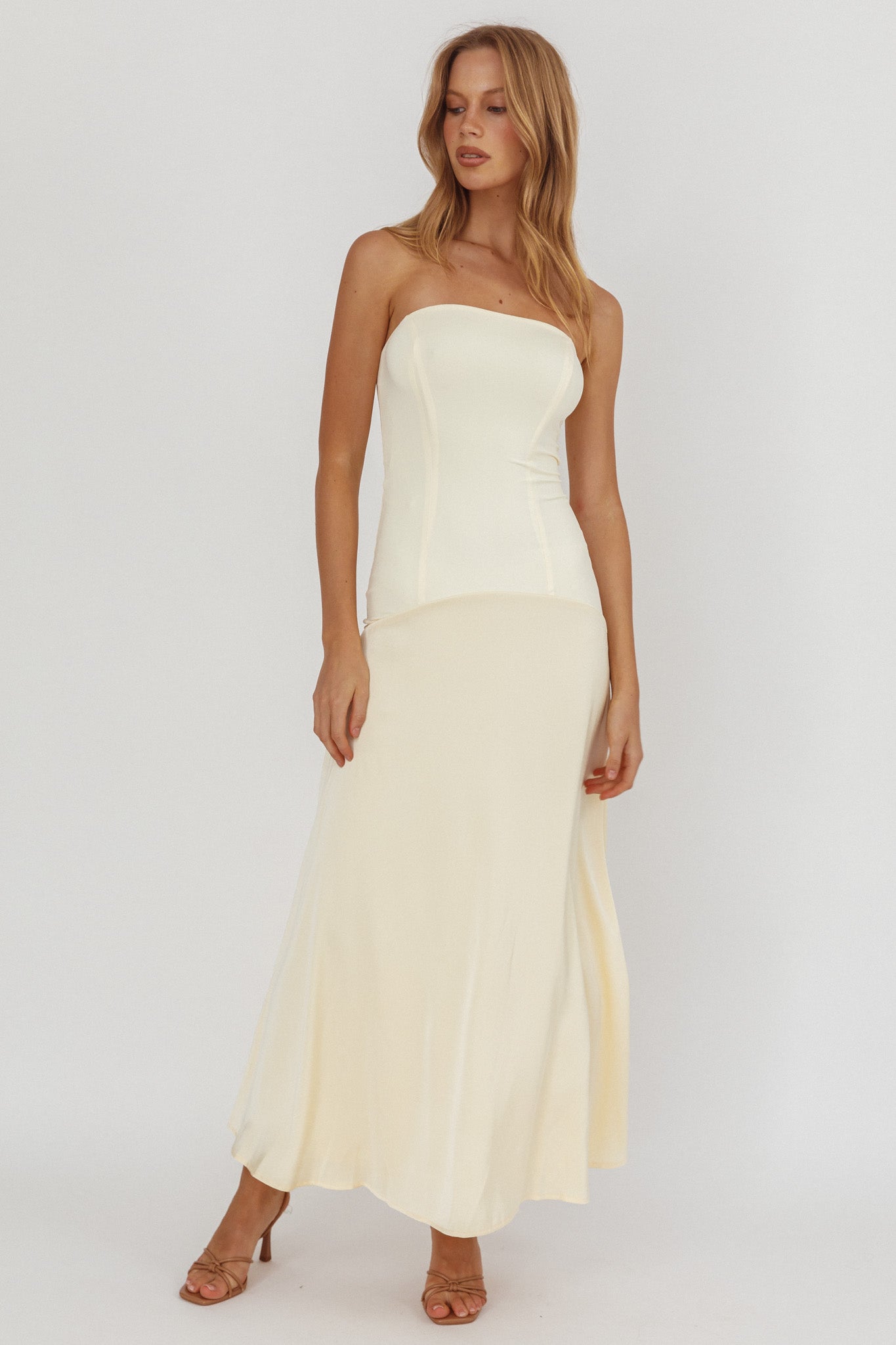 Star Avenue Strapless Drop Waist Maxi Dress Butter - M Star Avenue Strapless Drop Waist Maxi Dress Butter - M