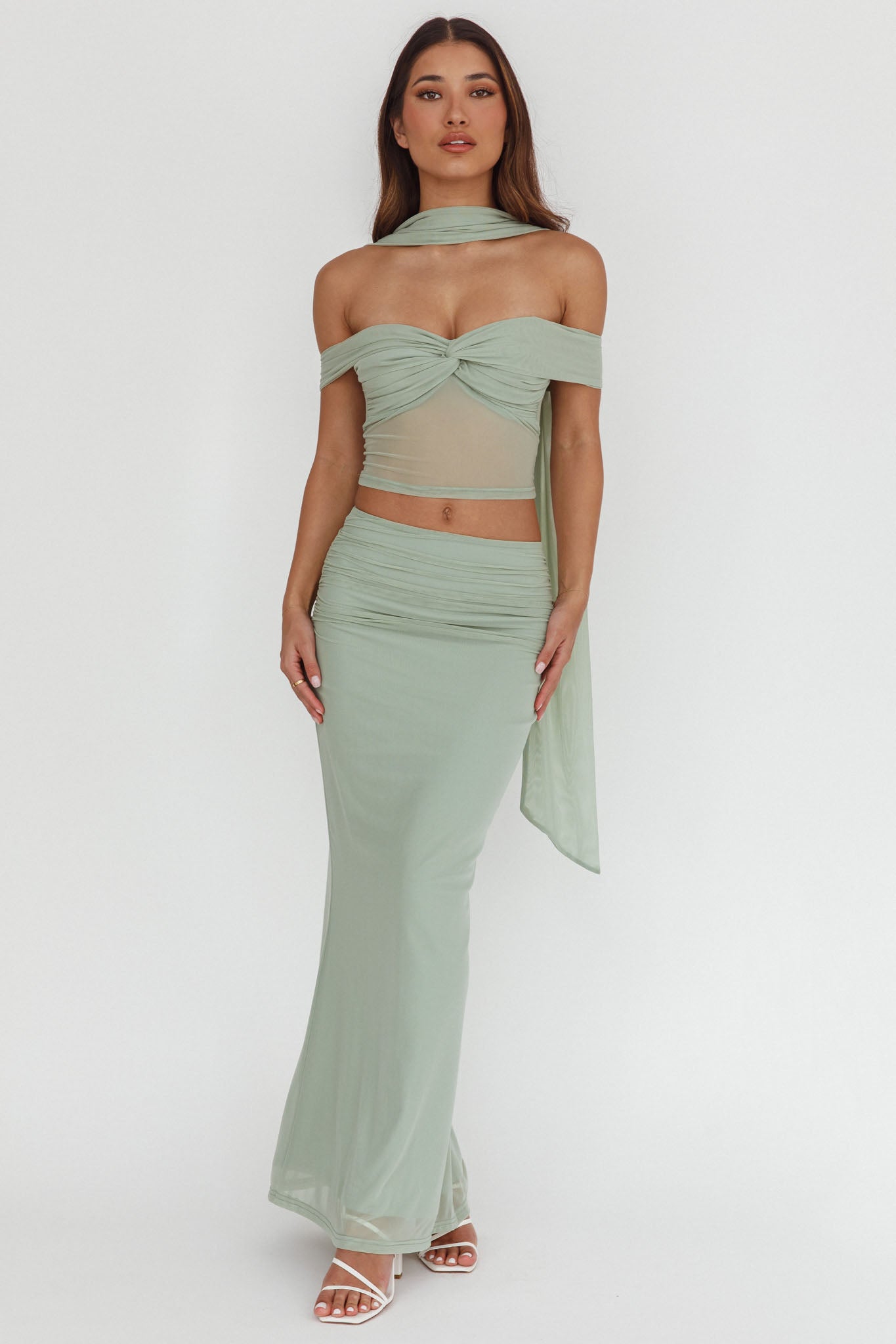 sage green ruched midi dress All The Lights Ruched Midi Skirt Sage