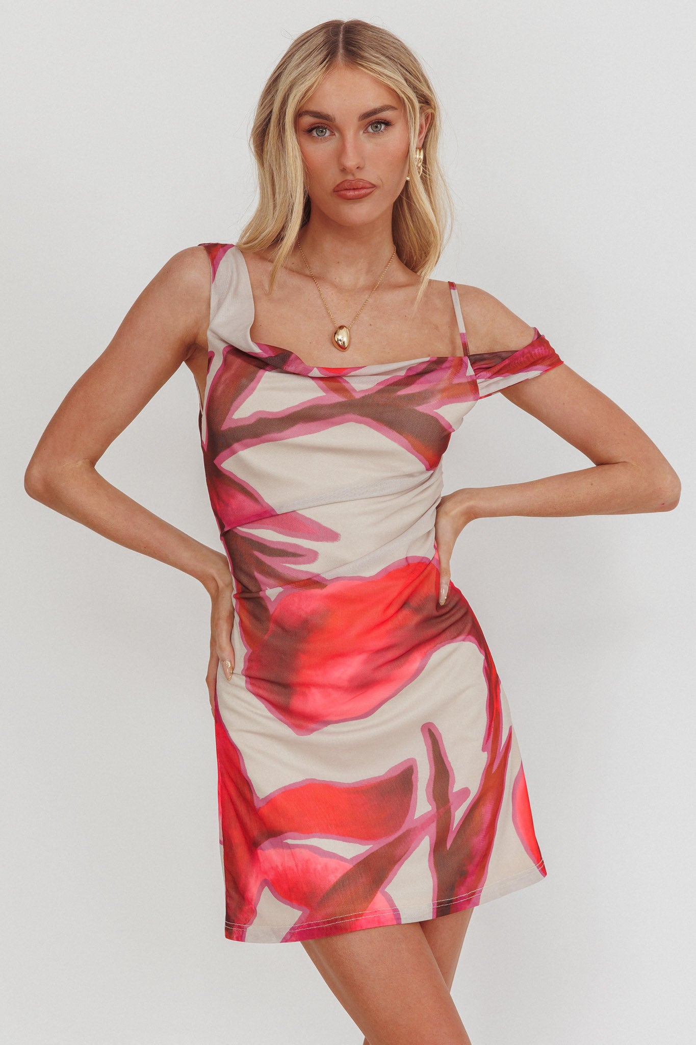 asymmetric neckline mini dress Riders Asymmetric Neckline Mini Dress Print Beige