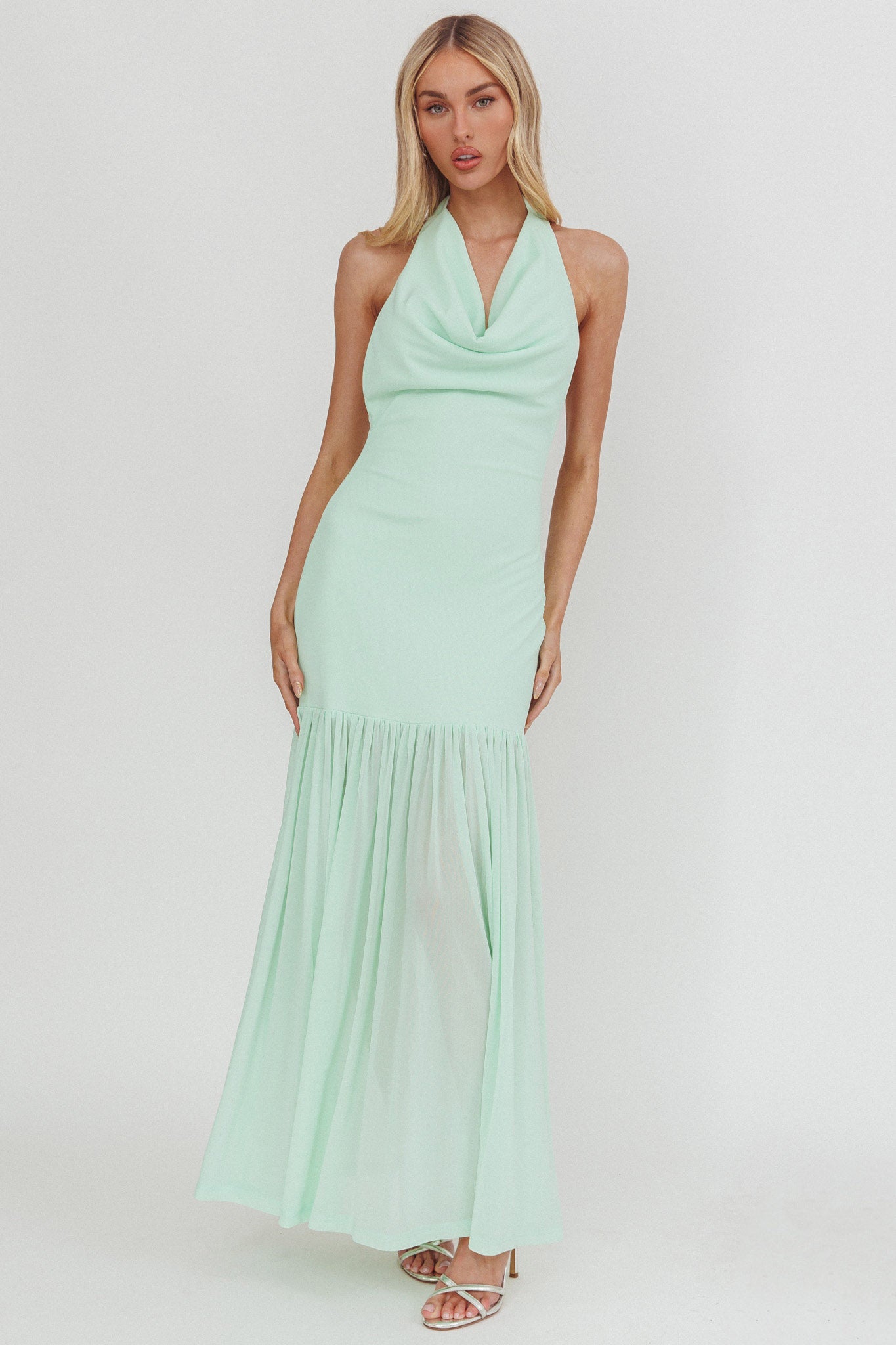 Kailyn Cowl Neck Sheer Hem Maxi Dress Mint - M Kailyn Cowl Neck Sheer Hem Maxi Dress Mint - M