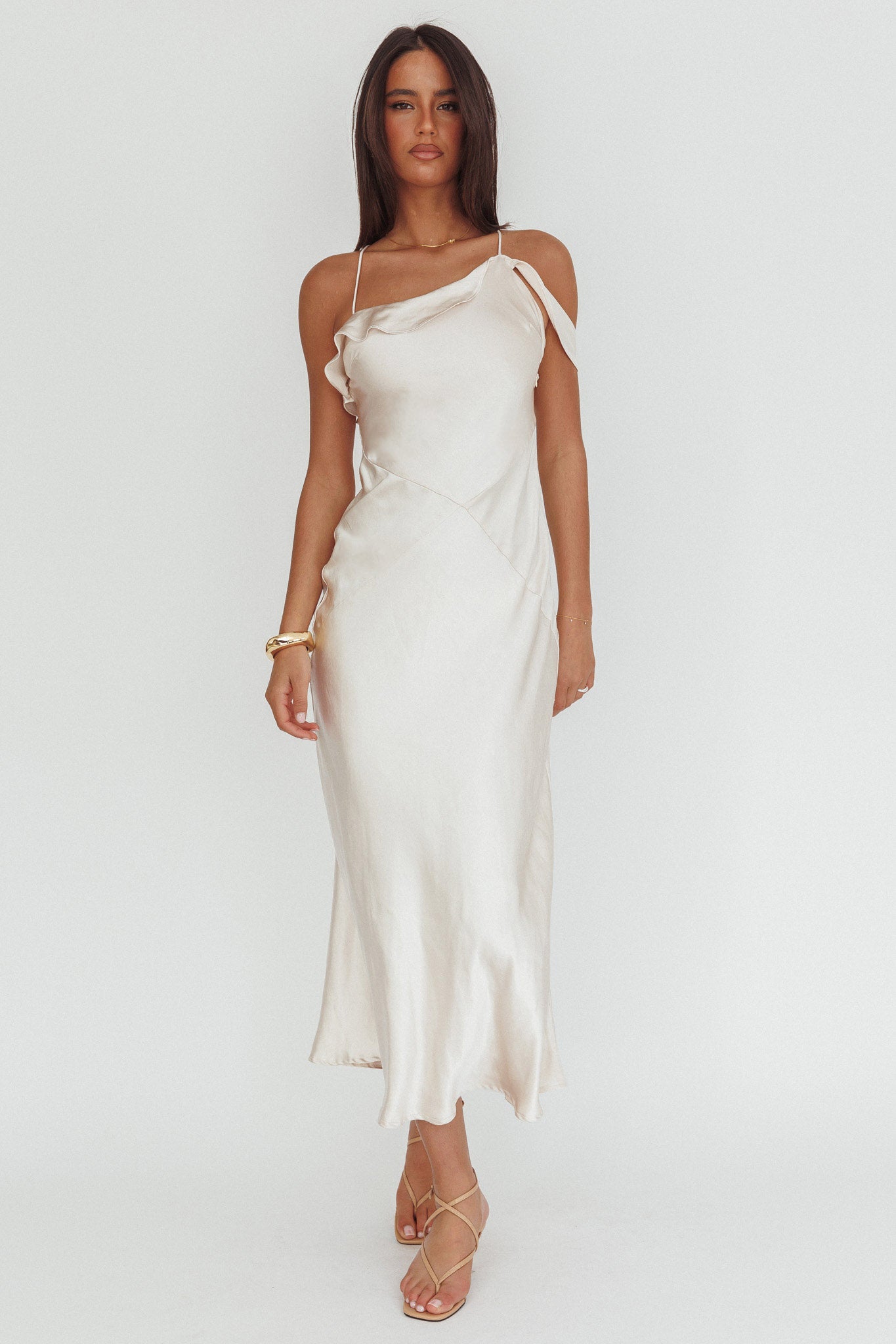 knee length dresses for ladies Lexington Draped Shoulder Criss-Cross Back Maxi Dress Oyster