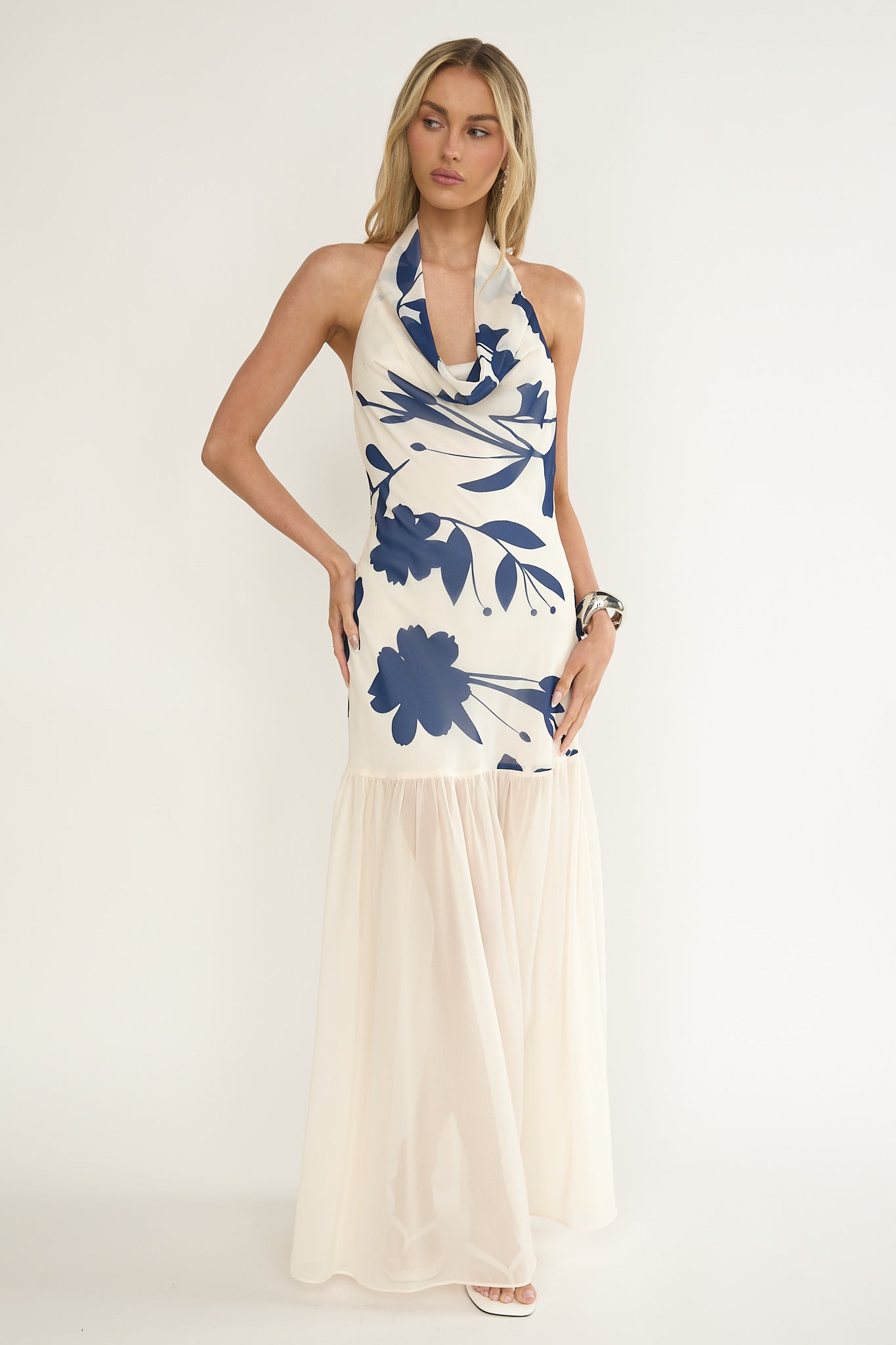 Omaria Cowl Halter Maxi Dress Floral Beige S Omaria Cowl Halter Maxi Dress Floral Beige S