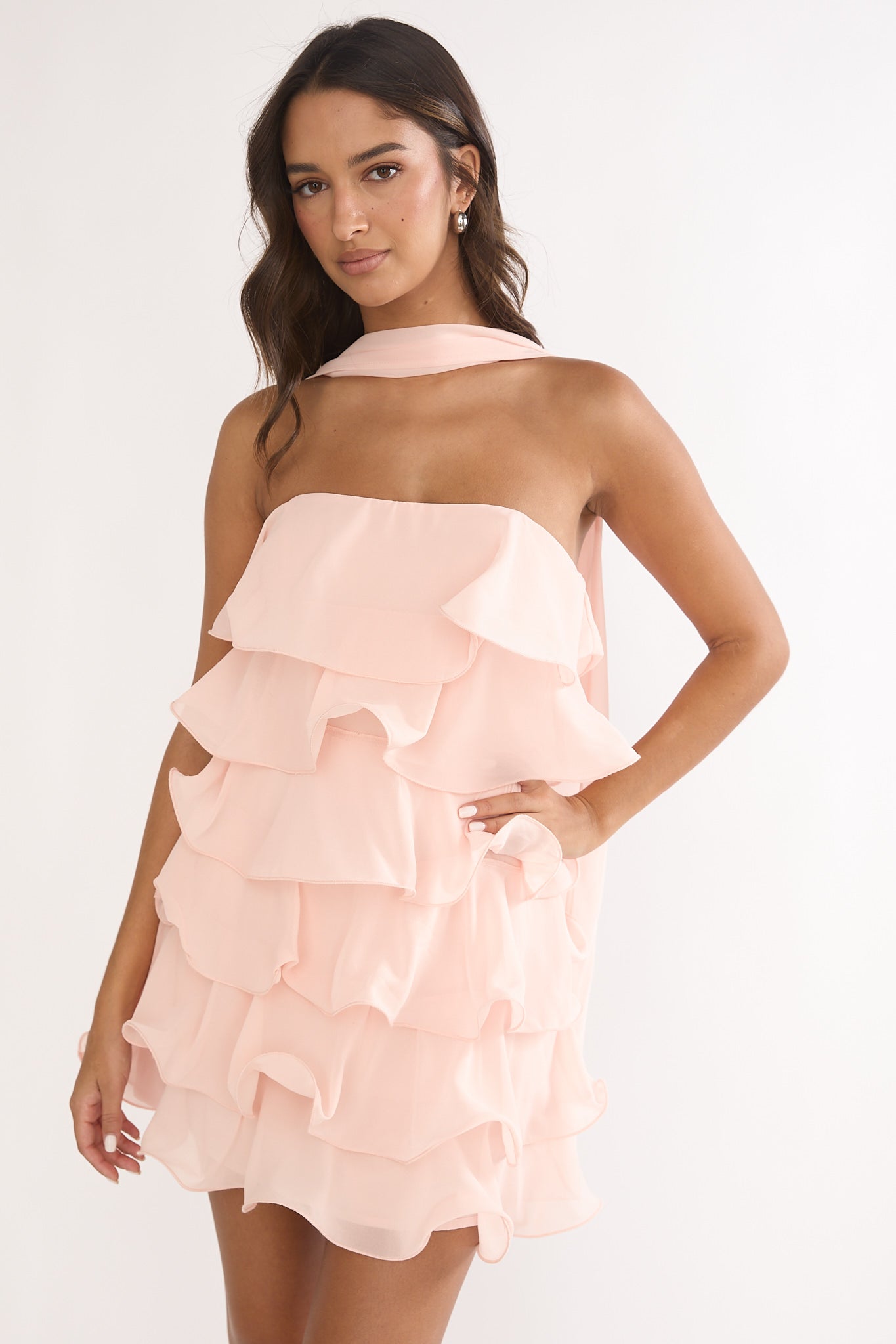 open lace back dress Bless Strapless Organza Ruffle Mini Dress Blush main image 0