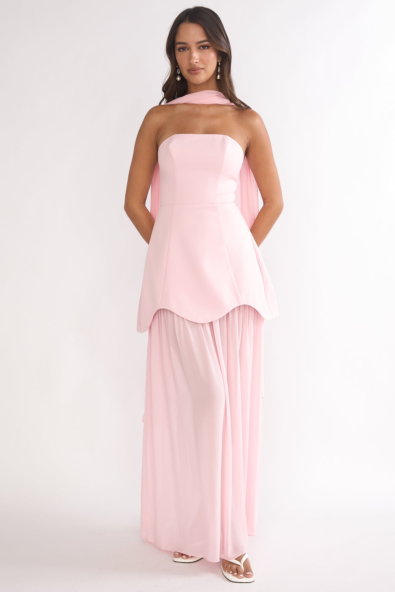Poema Scalloped Sheer Hem Maxi Dress Pink - L Poema Scalloped Sheer Hem Maxi Dress Pink - L