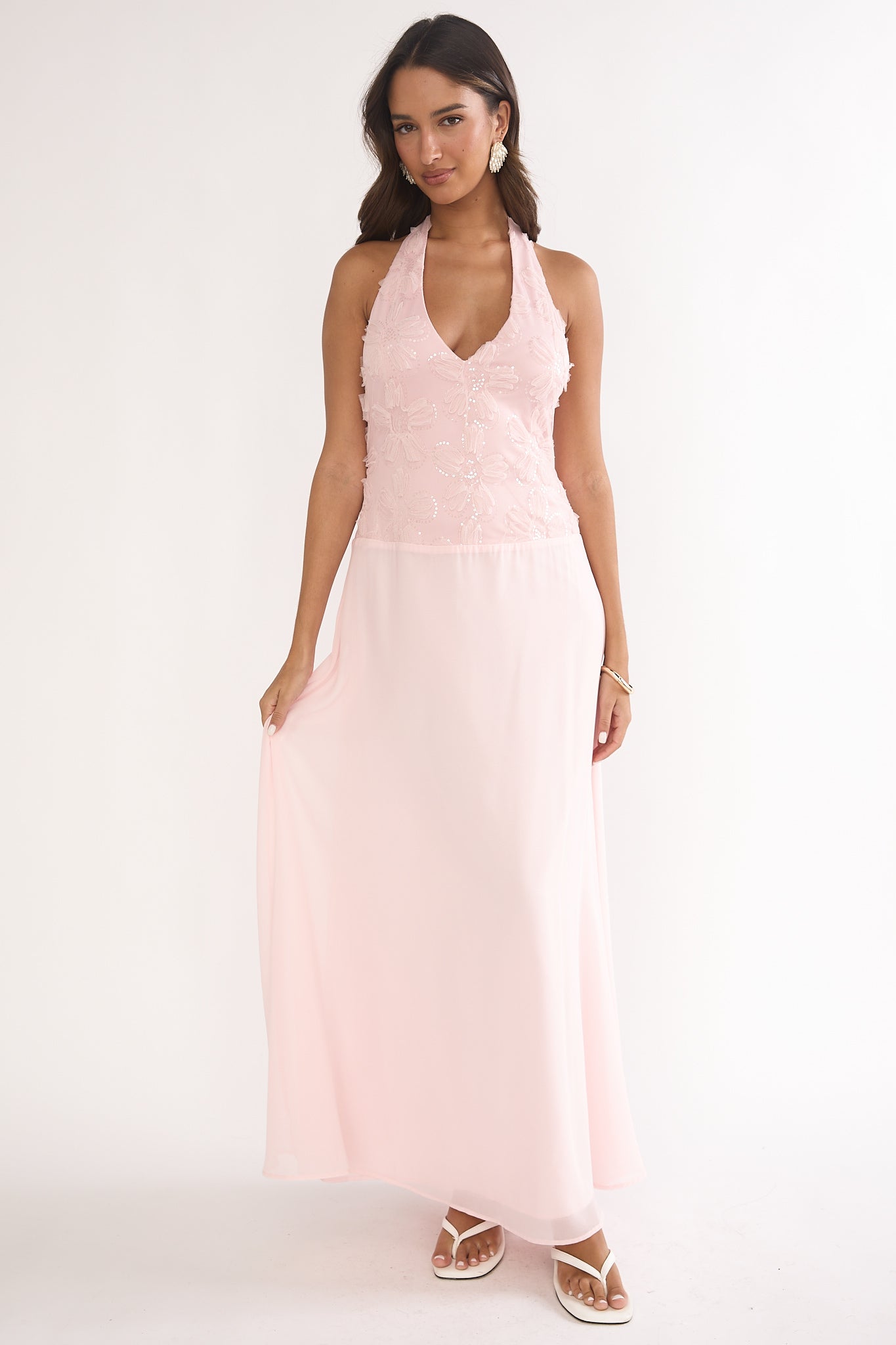 Blushing Belle Embellished Halter Maxi Dress Blush– Selfie Leslie