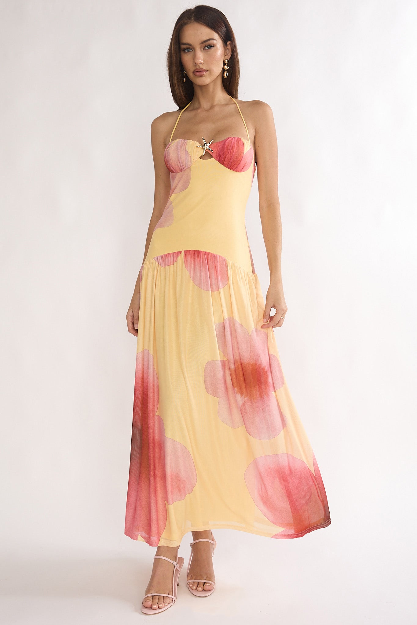 Justyne Drop Waist Halter Maxi Dress Floral Yellow Justyne Drop Waist Halter Maxi Dress Floral Yellow
