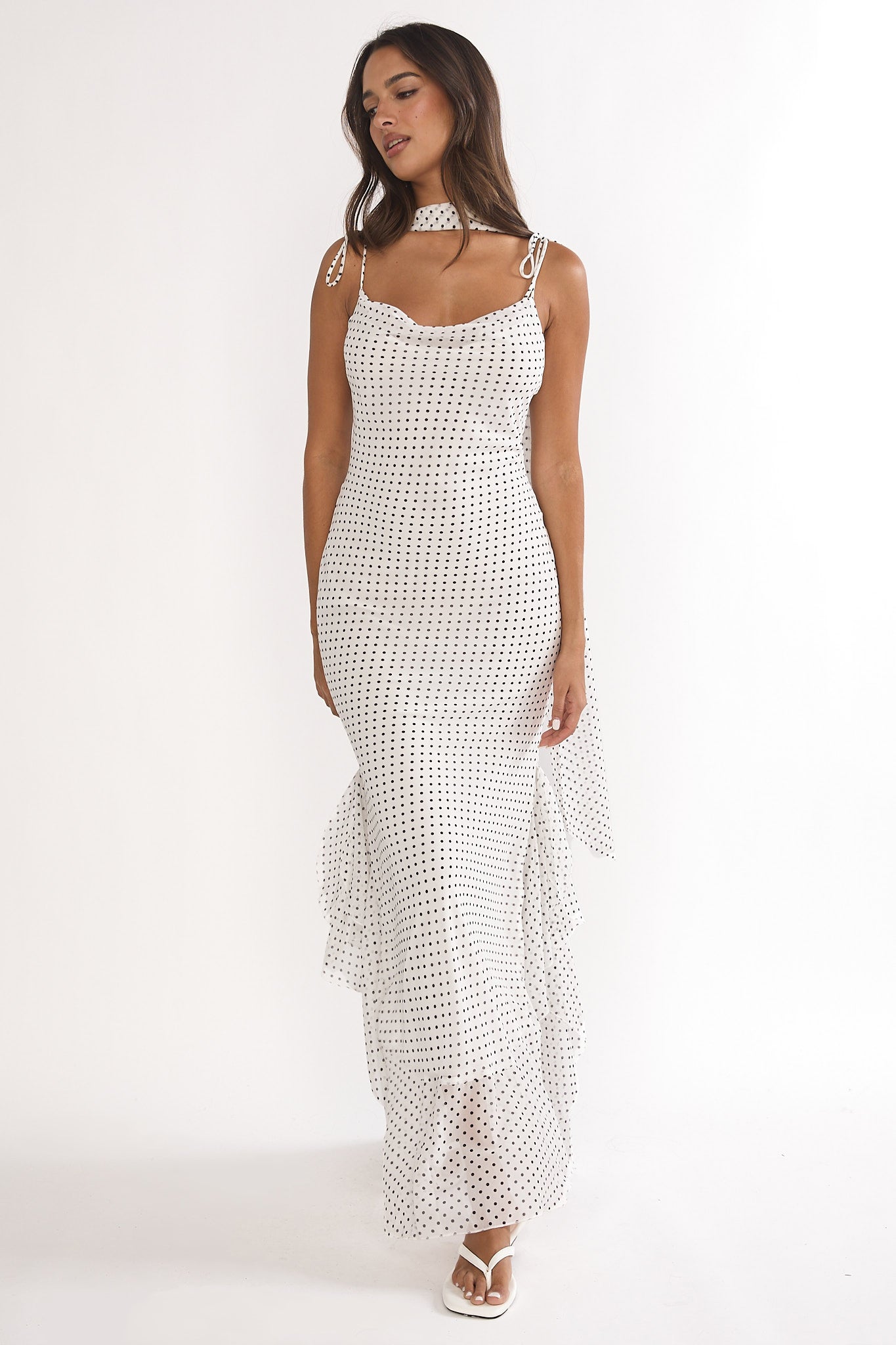 pretty woman dress polka dot Emmara Tied Shoulder Maxi Dress Polka Dot White