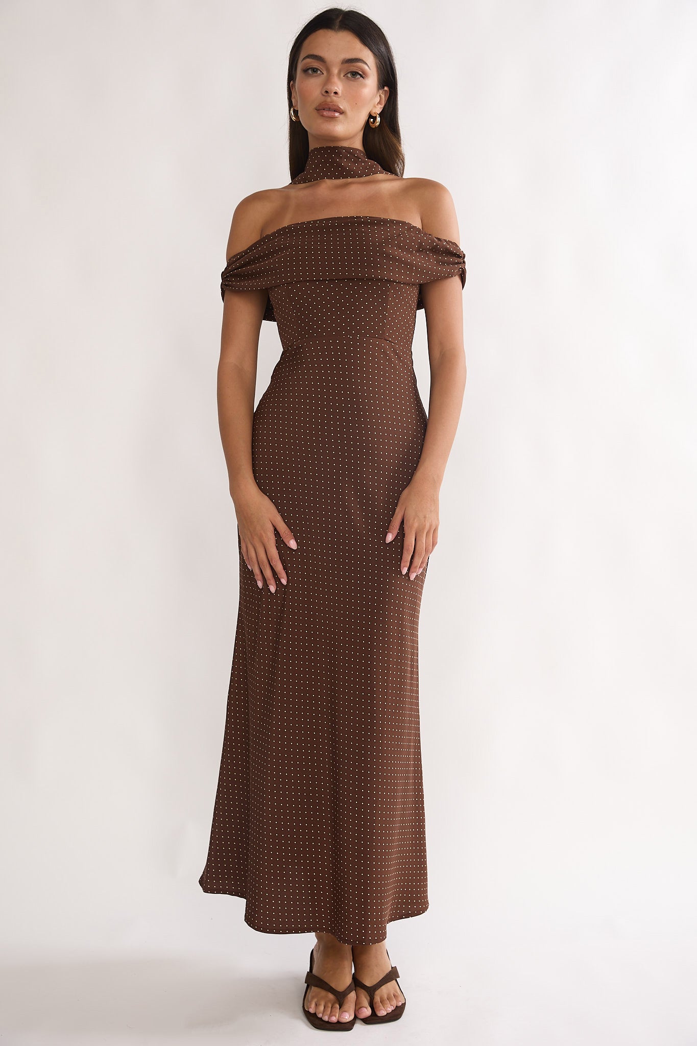 Alissa Off-Shoulder Maxi Dress Polka Dot Chocolate Selfie Leslie Alissa Off-Shoulder Maxi Dress Polka Dot Chocolate Selfie Leslie