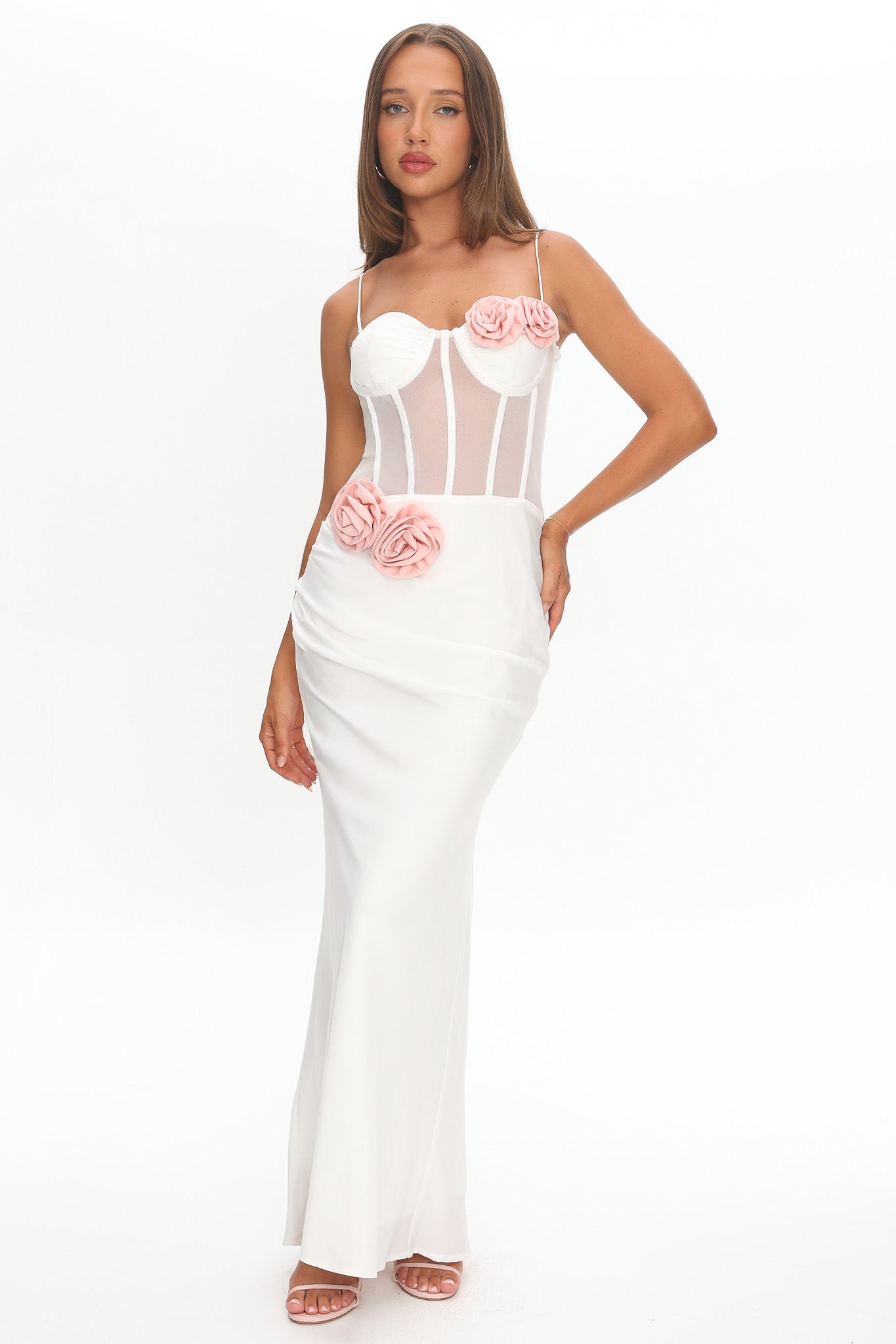 Ismera Sheer Bodice Rosette Maxi Dress White Ismera Sheer Bodice Rosette Maxi Dress White